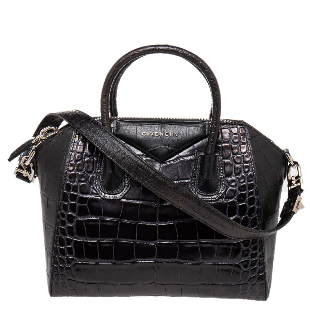 Pre Owned Givenchy Black Croc Embossed Leather Antigona Satchel