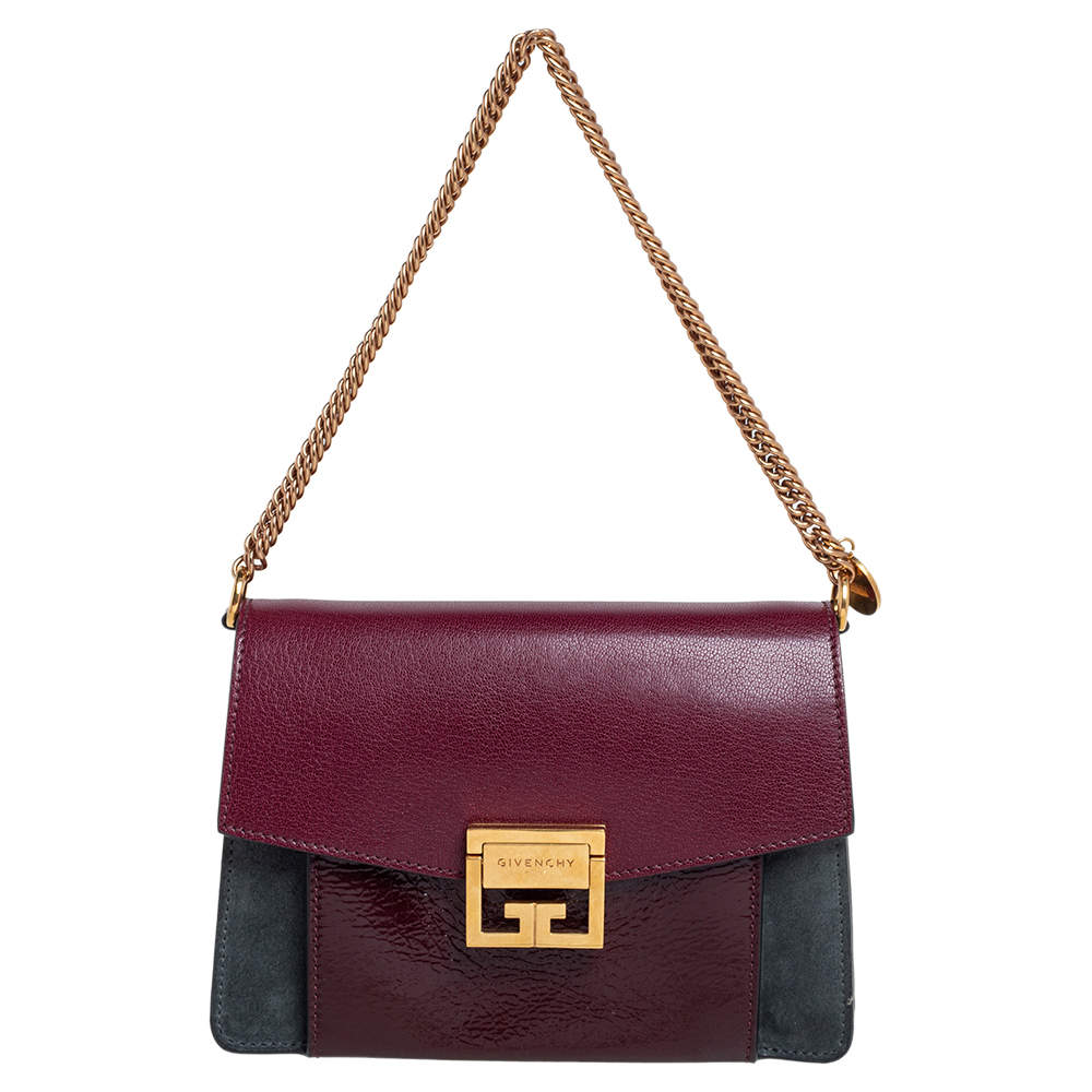 Givenchy Burgundy/Grey Leather and Suede GV3 Shoulder Bag