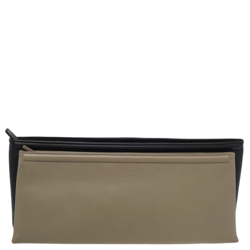 Pre Owned Givenchy Black/Olive Green Leather Double Zip Clutch