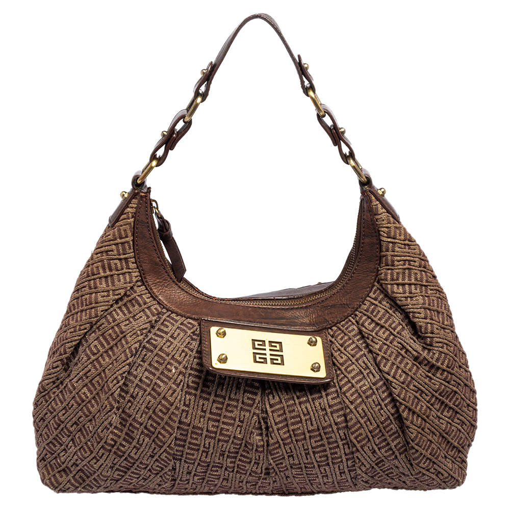Pre Owned Givenchy Brown Monogram Canvas and Leather Logo Plaque Hobo