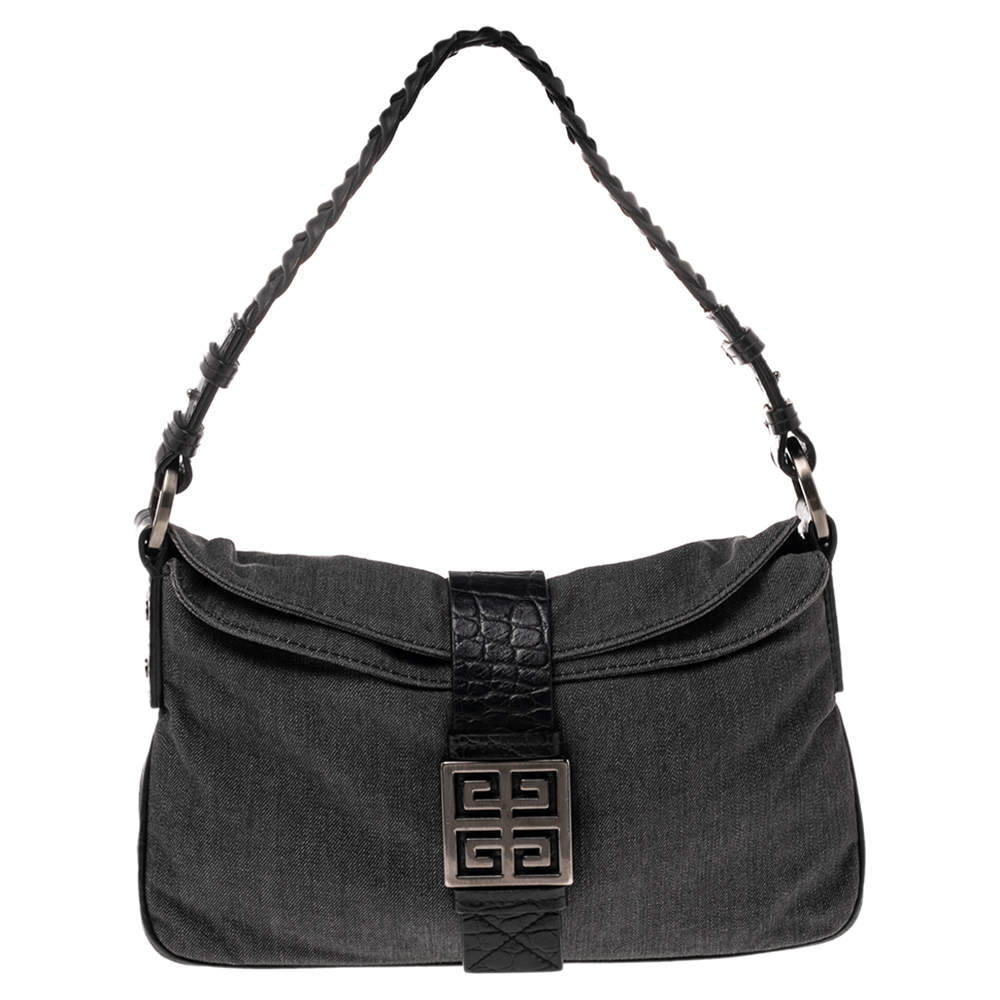 Pre Owned Givenchy Grey/Black Denim and Croc Embossed Leather Hobo
