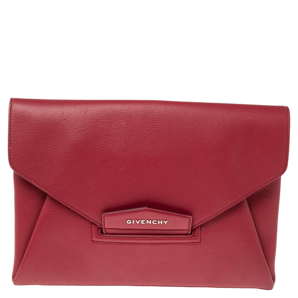 Pre Owned Givenchy Red Leather Antigona Envelope Clutch