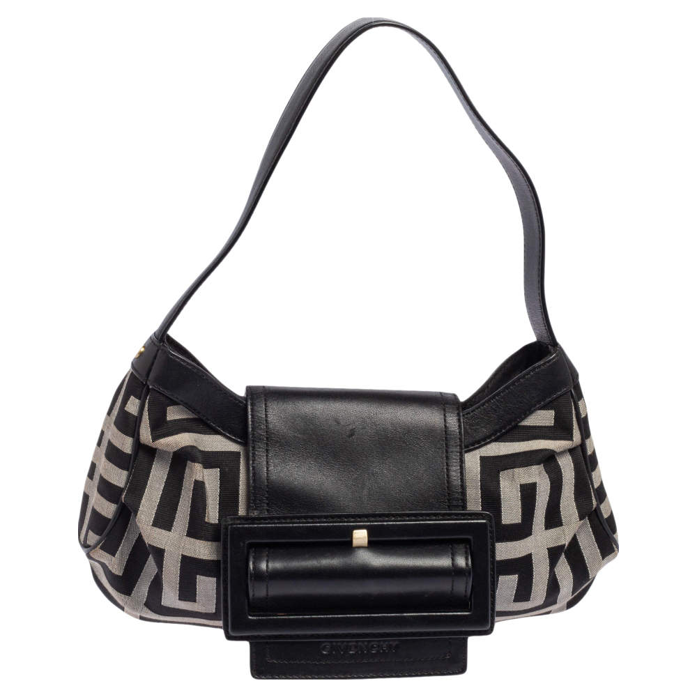 Pre Owned Givenchy Black Monogram Canvas and Leather Buckle Flap Hobo