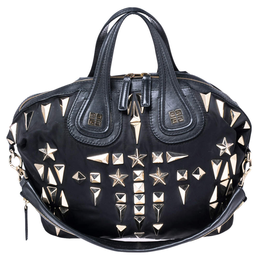 Pre Owned Givenchy Black Leather and Nylon Studded Large Nightingale Satchel