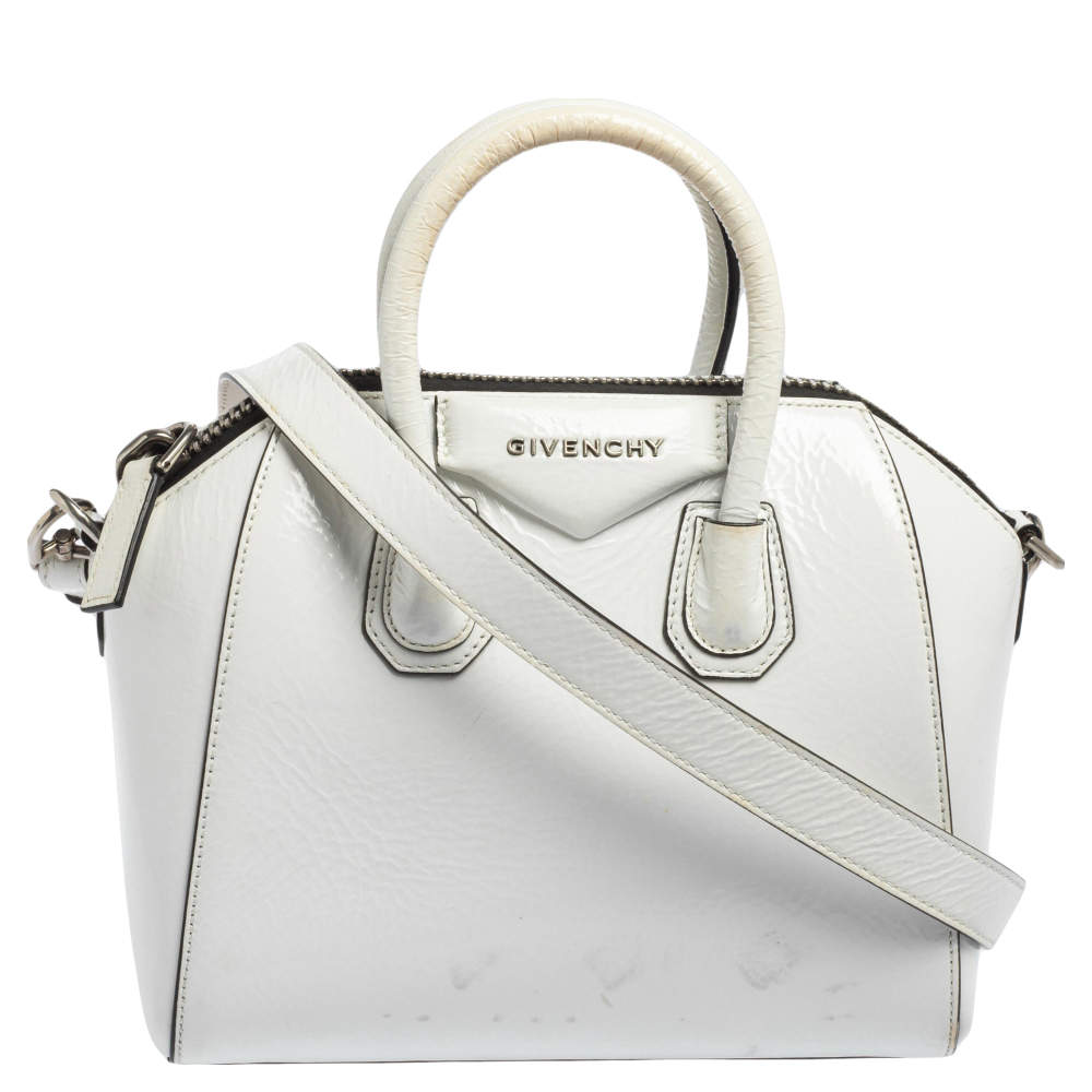 Pre Owned Givenchy White Crinkled Patent Leather Mini Antigona Satchel