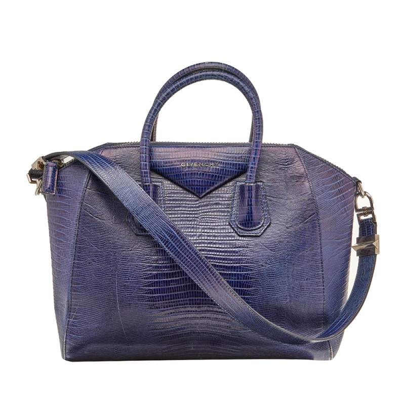 Pre Owned Givenchy Blue Lizard Embossed Leather Medium Antigona Satchel