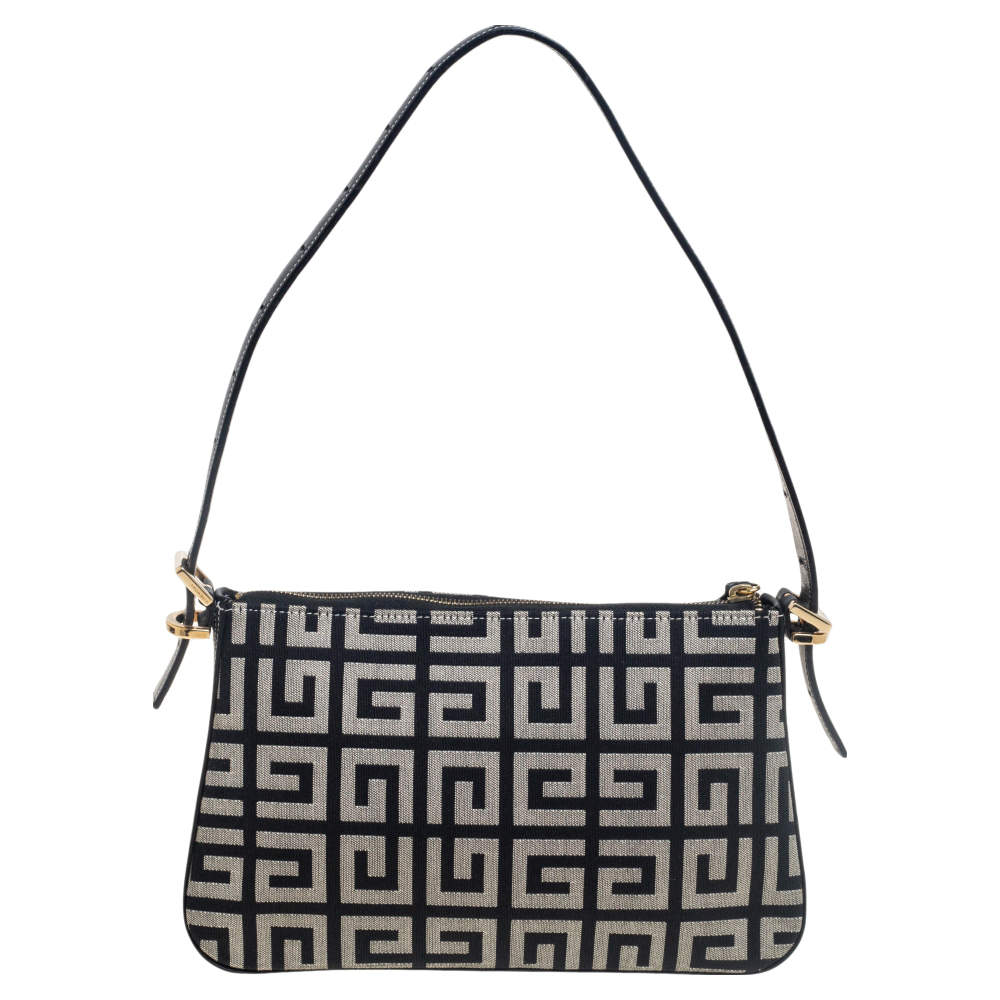 Pre Owned Givenchy Black/Grey Signature Canvas and Leather Small Baguette Bag