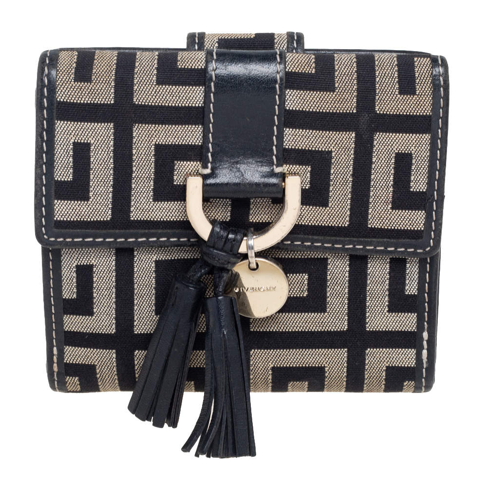 Pre Owned Givenchy Grey/Black Signature Canvas and Leather Compact Wallet