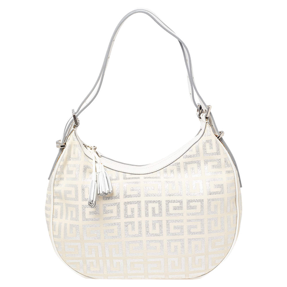 Pre Owned Givenchy White Shimmery Signature Canvas and Leather Trim Hobo