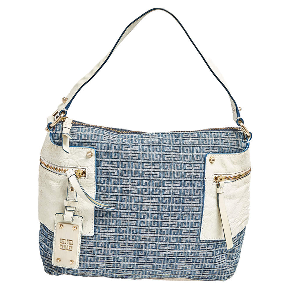 Pre Owned Givenchy Blue/White Monogram Denim and Leather Side Pocket Hobo