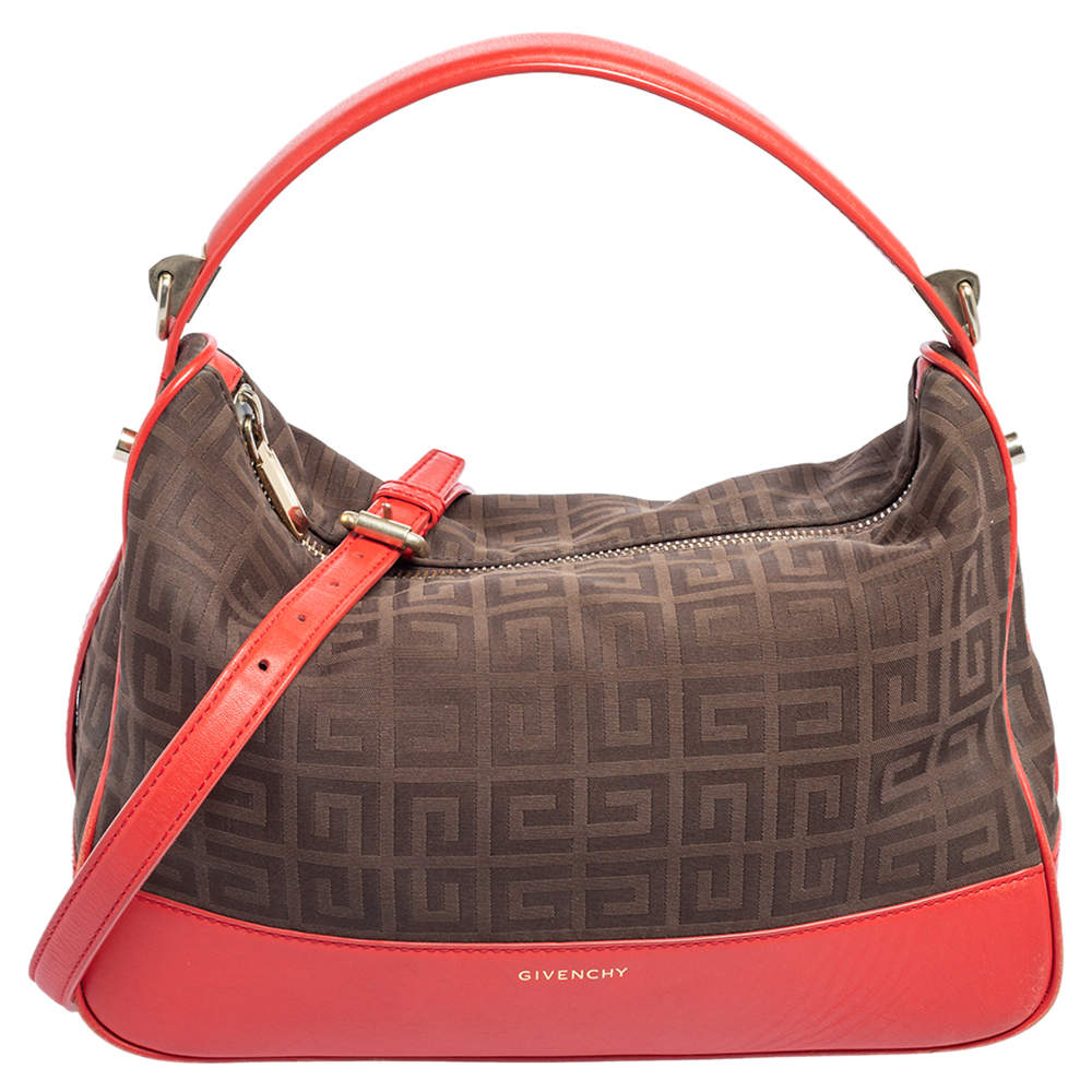 Pre Owned Givenchy Brown/Red Monogram Canvas and Leather Zip Hobo