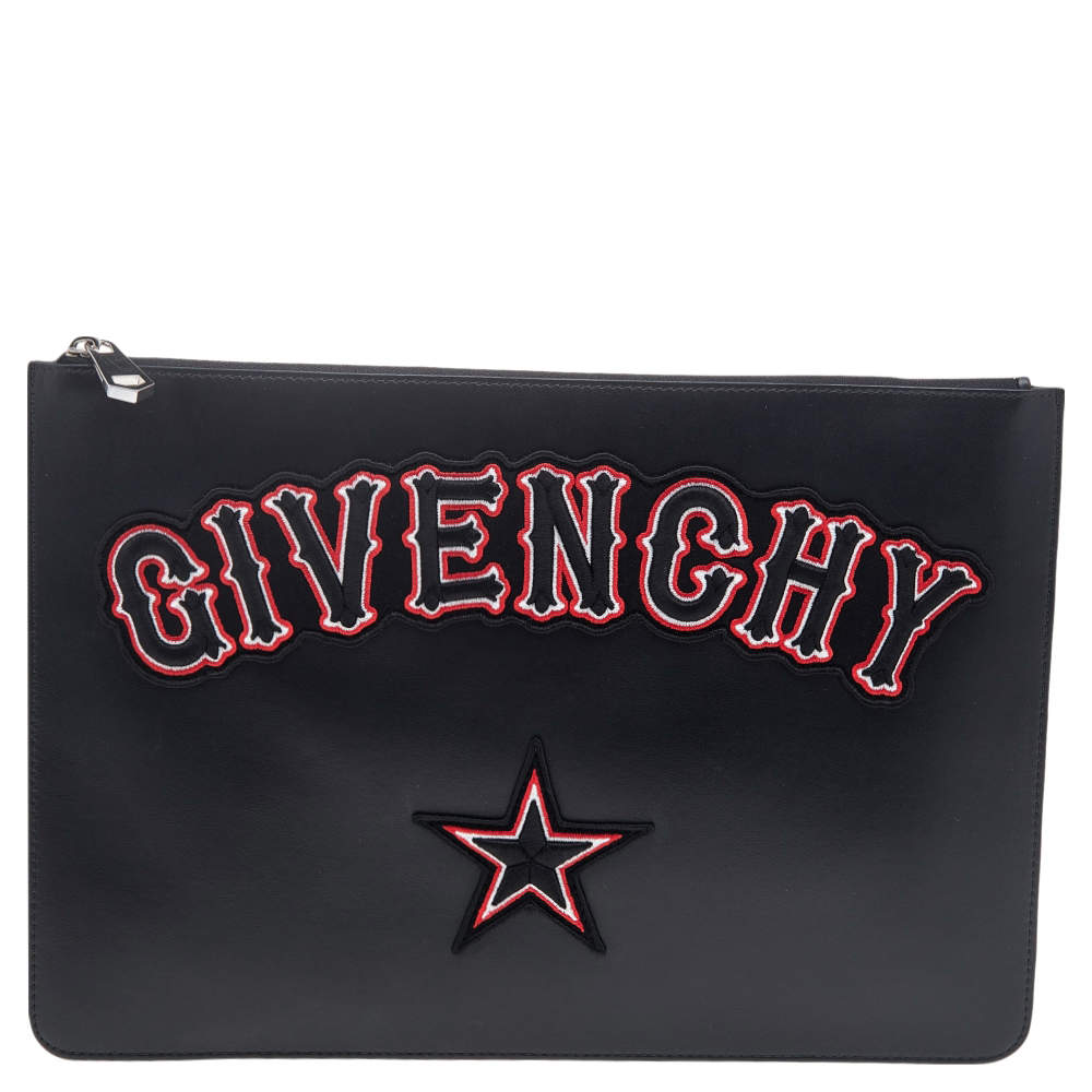 Pre Owned حقيبة صغيرة جيفنشي سحاب فلات شعار تطريز باندورا جلد جلد أسود