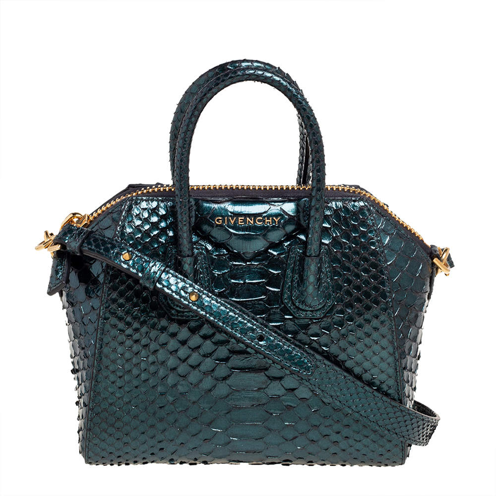 Pre Owned حقيبة ساتشل جيفنشي انتيغونا جلد ثعبان أخضر زمردي صغيرة