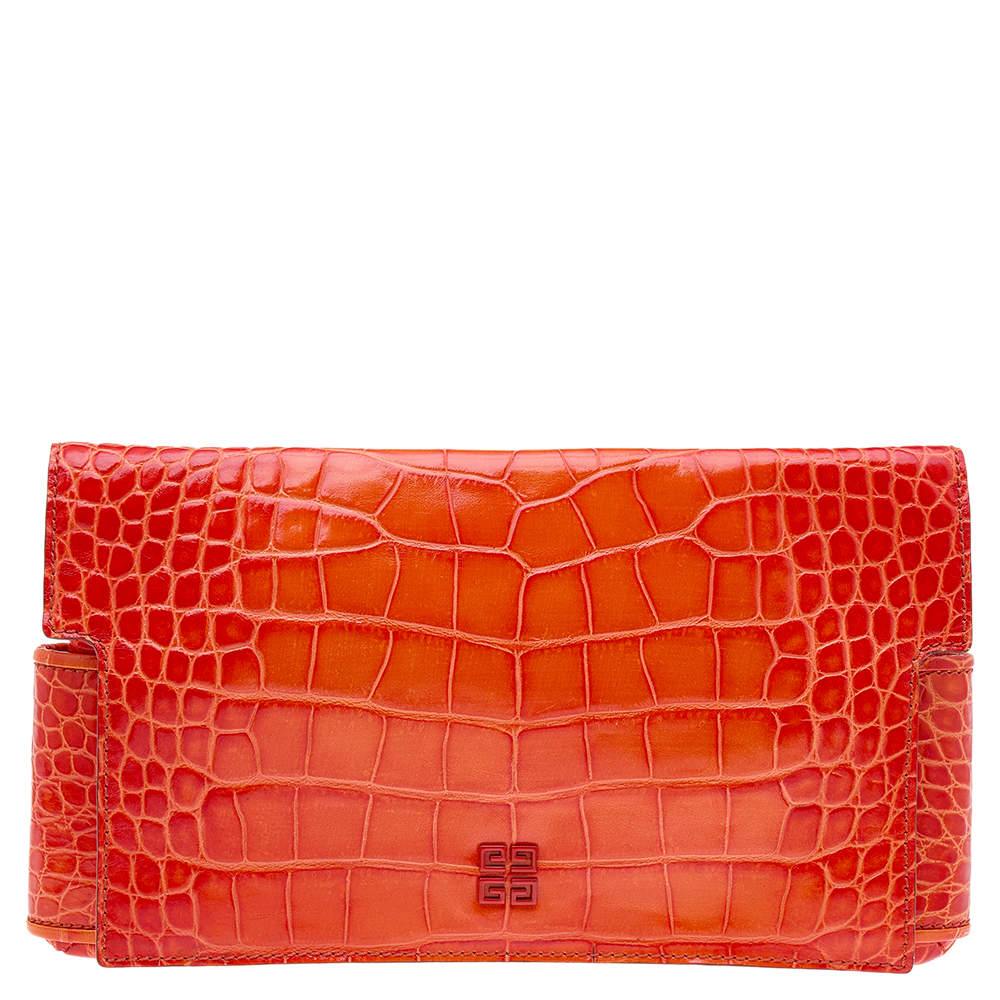 Pre Owned Givenchy Orange Croc Embossed Leather Clutch