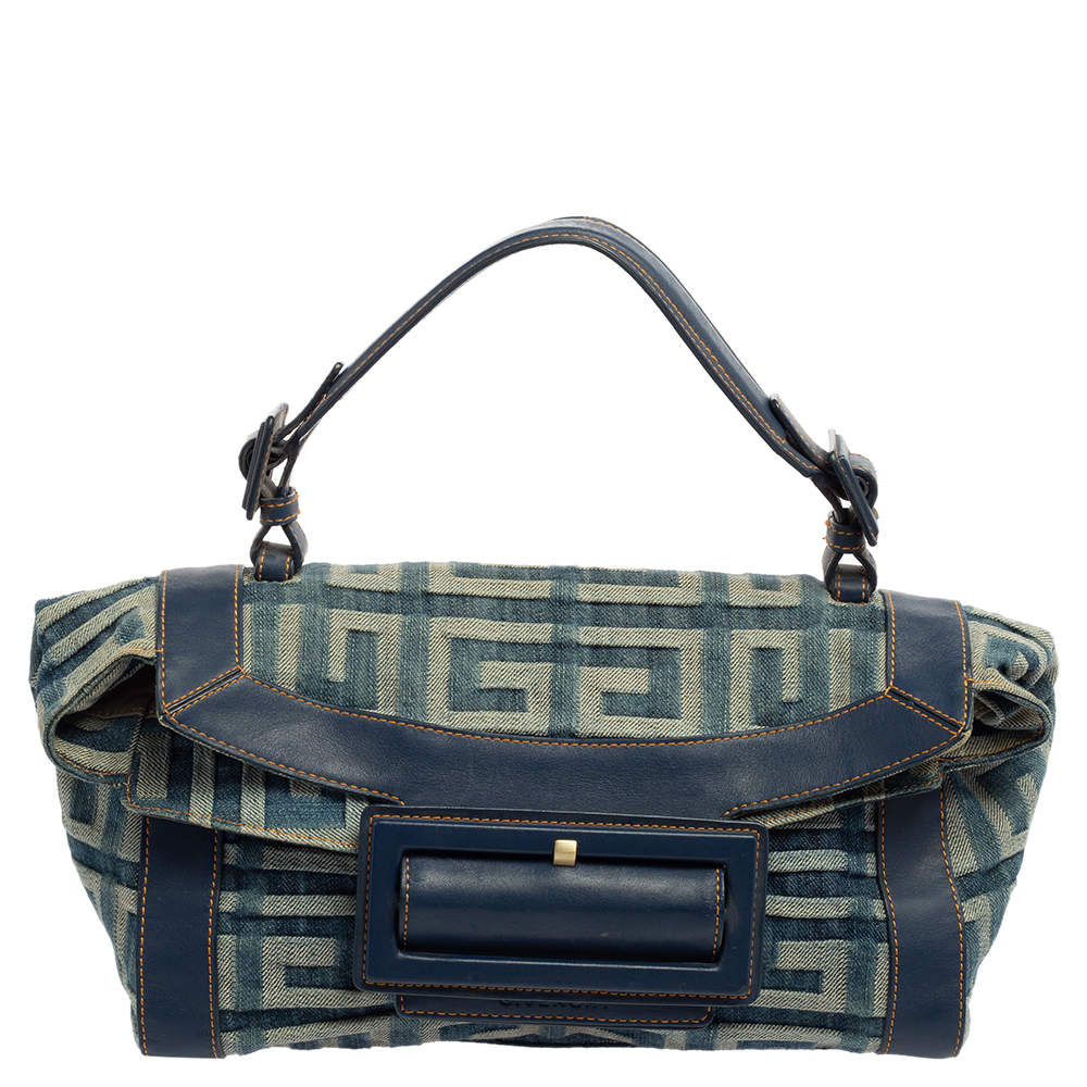 Pre Owned حقيبة جيفنشي جلد ودنيم أبيض/أزرق يد علوية