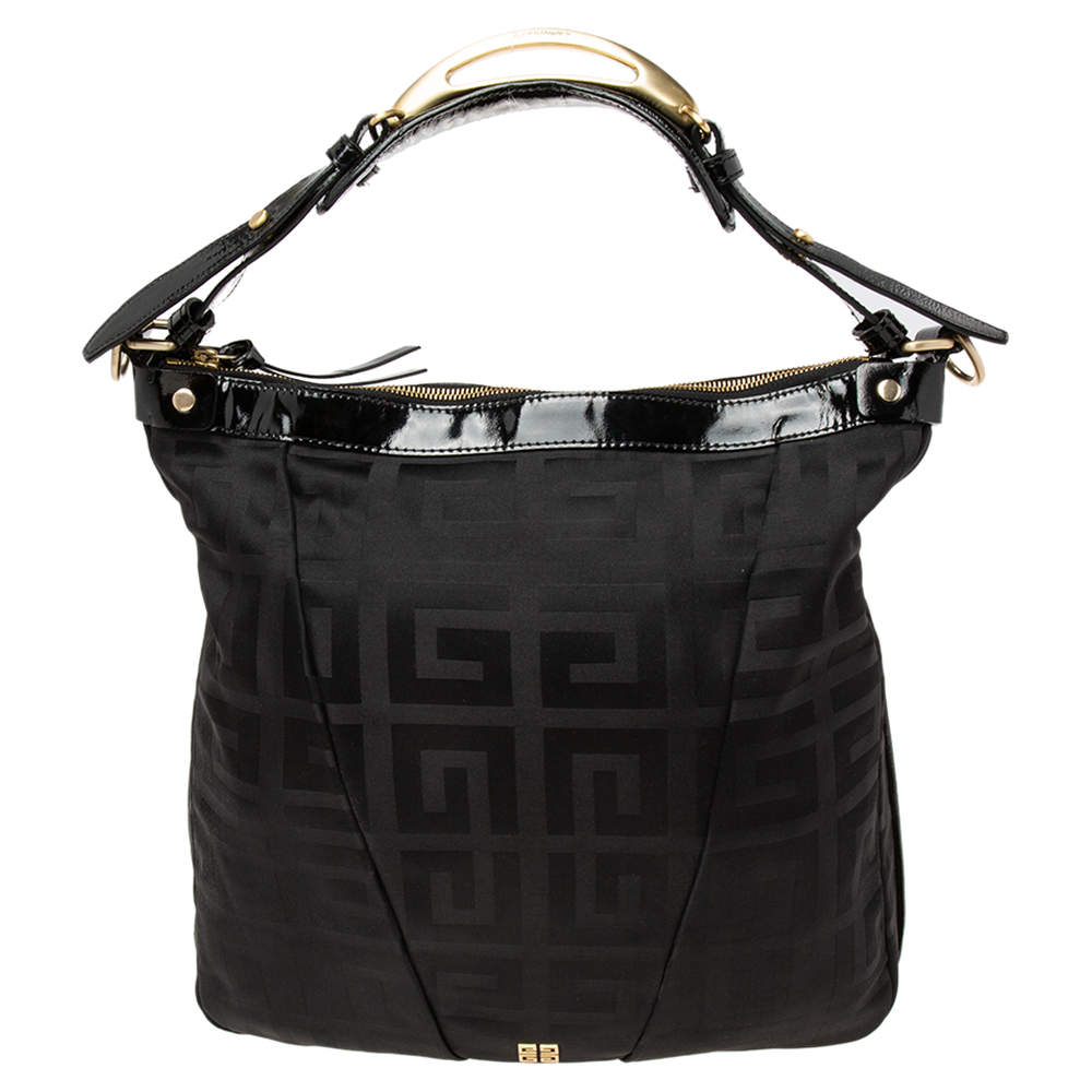 Pre Owned Givenchy Black Monogram Nylon and Patent Leather Metal Handle Hobo