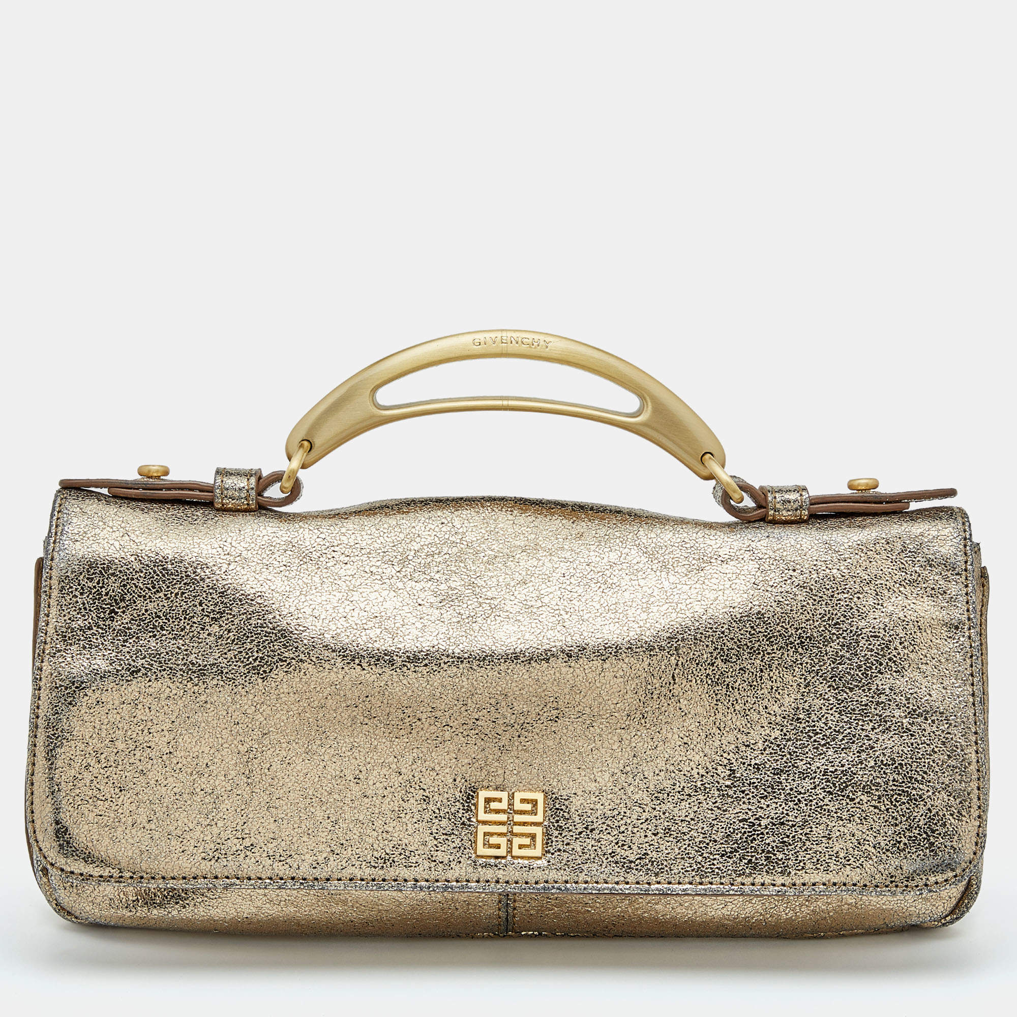 Pre Owned Givenchy Gold Crinkled Leather Cut Out Metal Handle Clutch