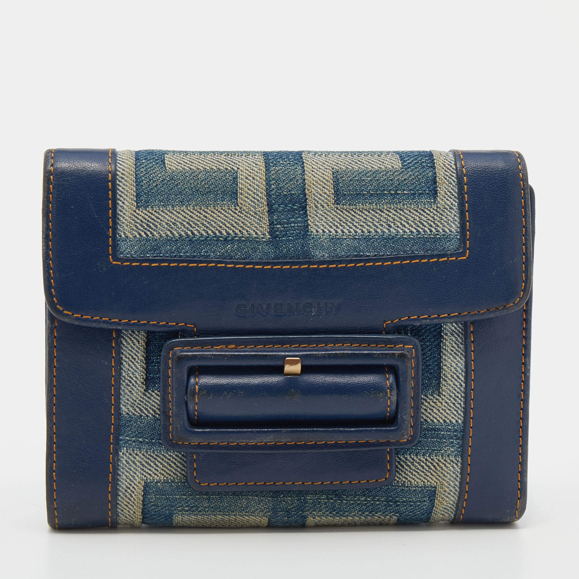 Pre Owned Givenchy Blue Denim an Leather Trifold Wallet