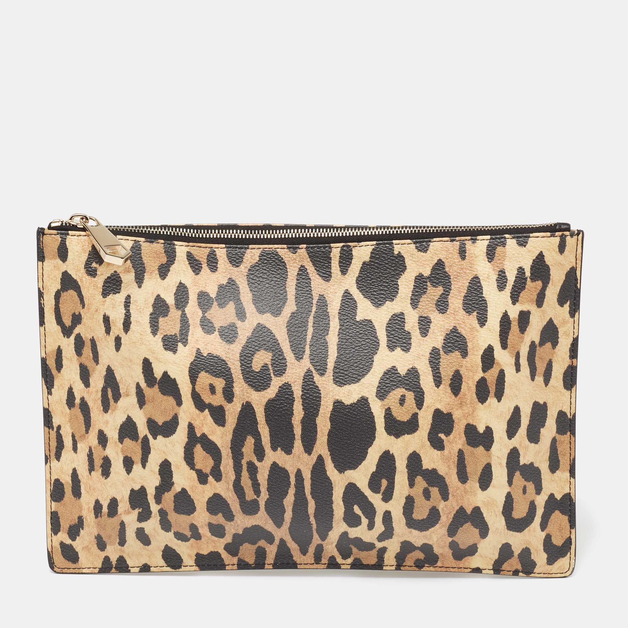 Givenchy Brown/Black Leopard Print Coated Canvas Zip Clutch