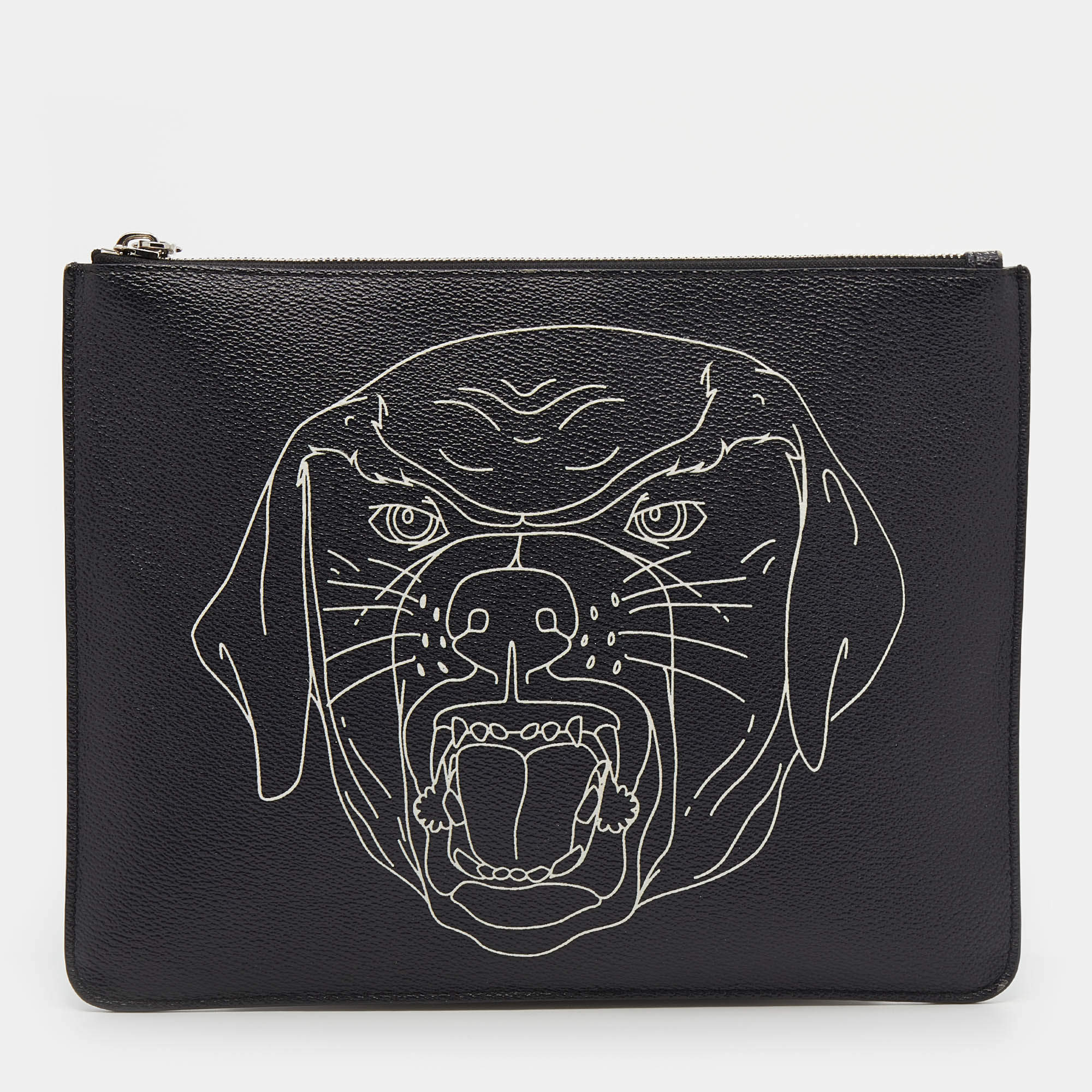 Pre Owned Givenchy Black Rottweiler Line Printed Leather Zip Pouch