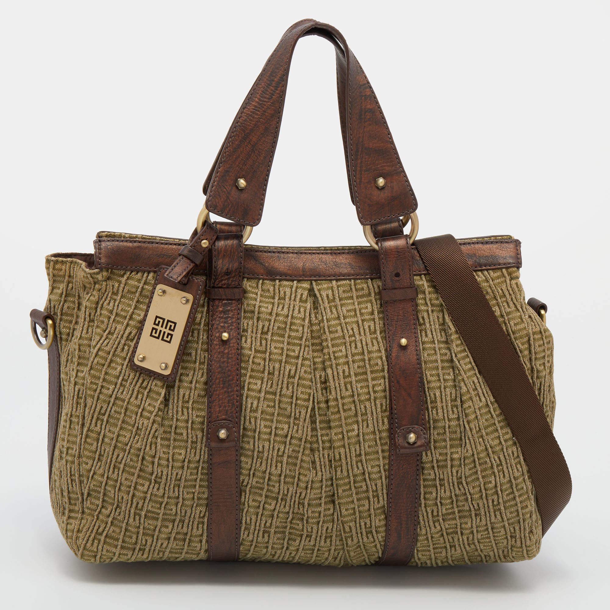 مملوكة مسبقًا حقيبة يد جيفنشي جلد وكانفاس مونوغرامي بني /أخضر