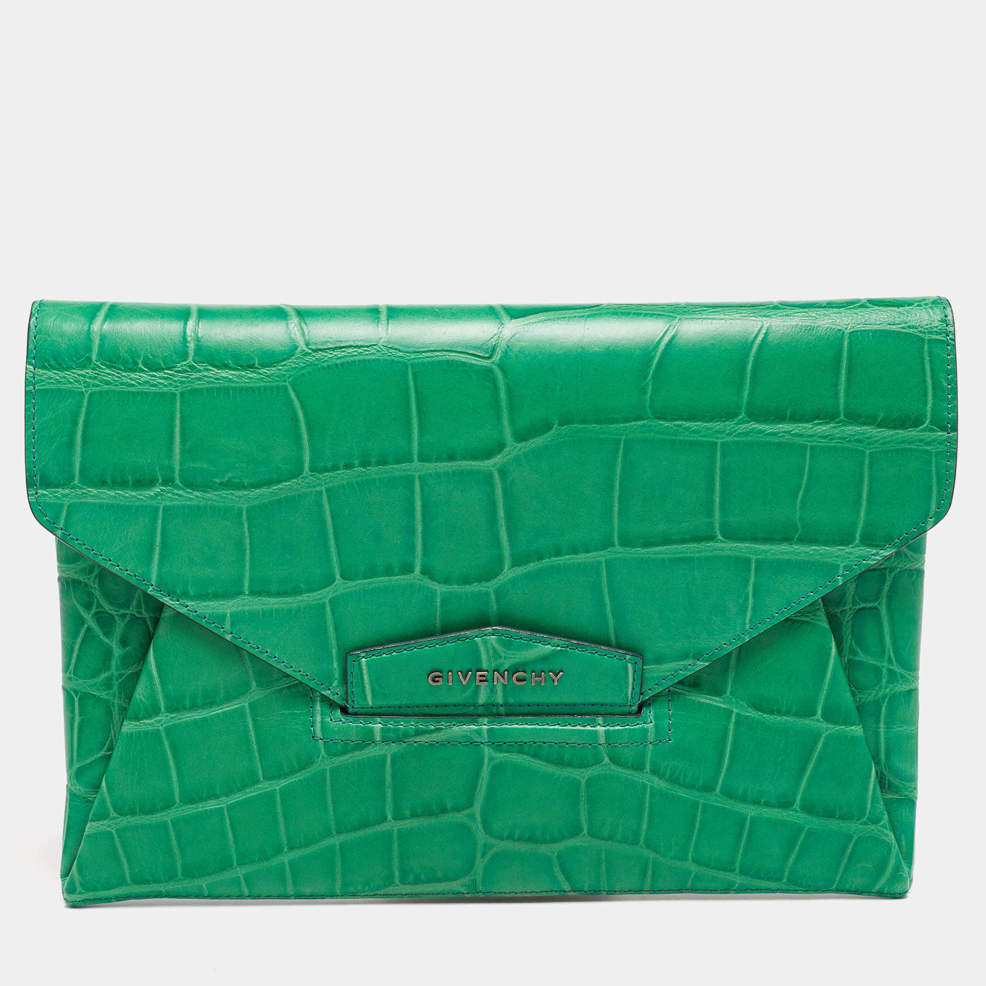 Pre Owned حقيبة كلتش جيفنشي مظروف أنتيغونا  جلد نقشة تمساح أخضر متوسطة