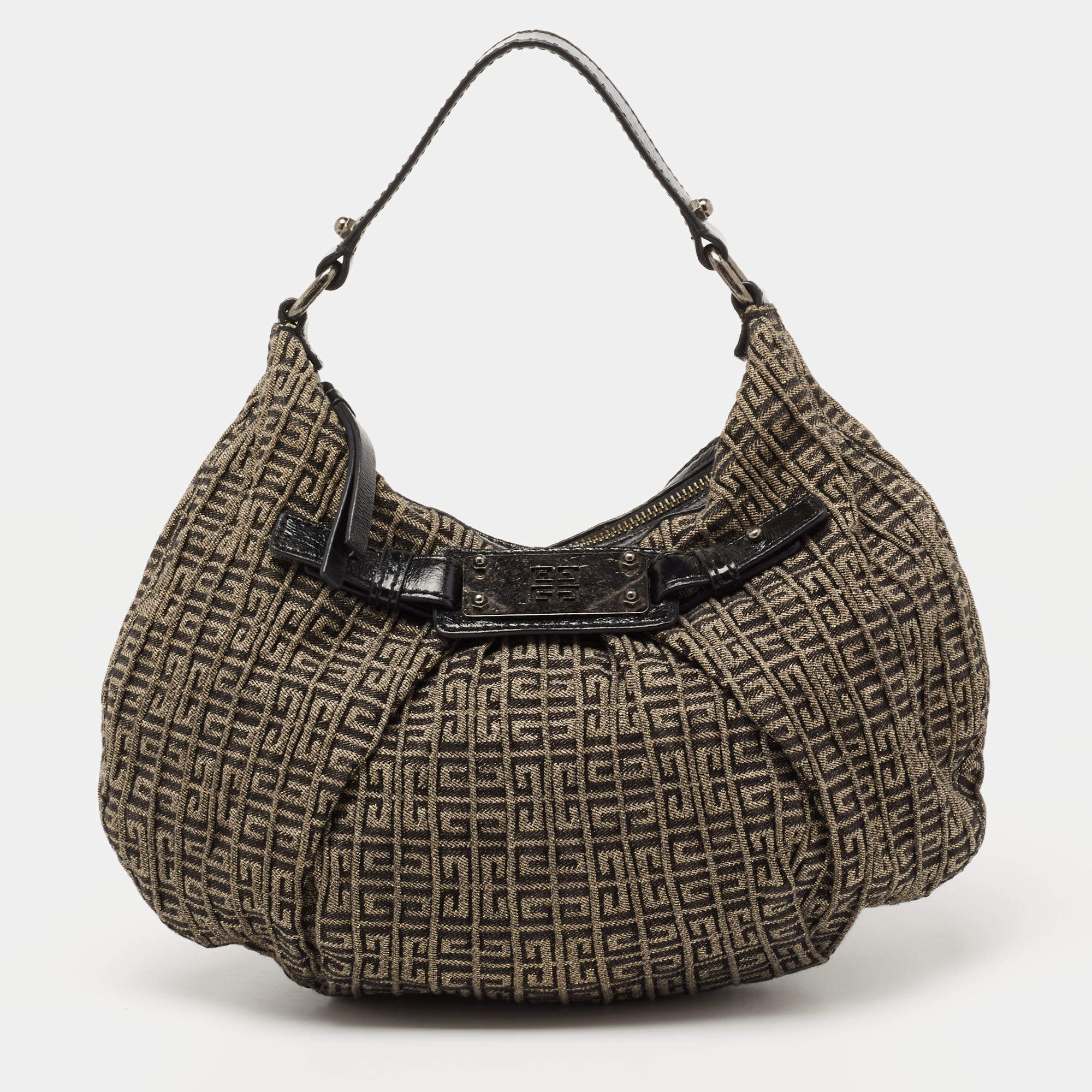 Pre Owned Givenchy Metallic/Black Monogram Canvas And Patent Leather Hobo