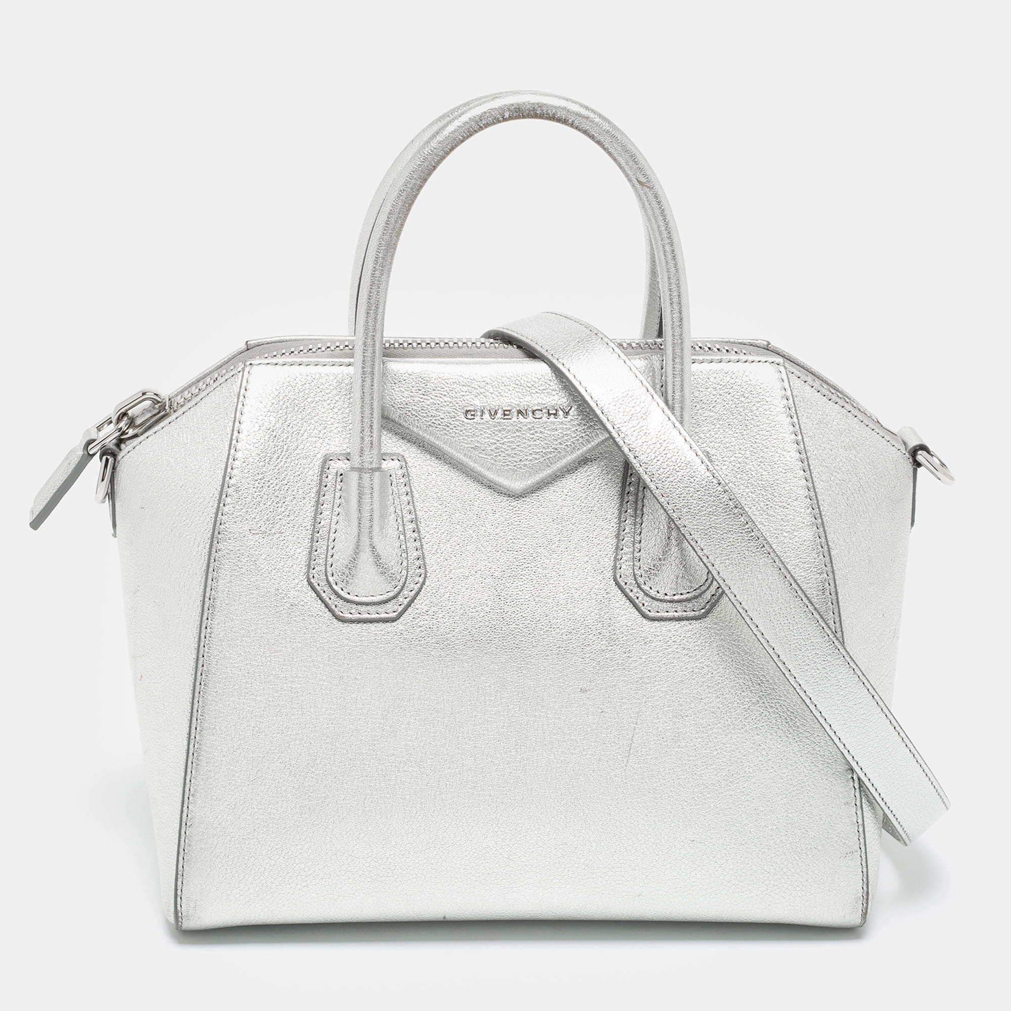 Pre Owned Givenchy Silver Leather Small Antigona Satchel
