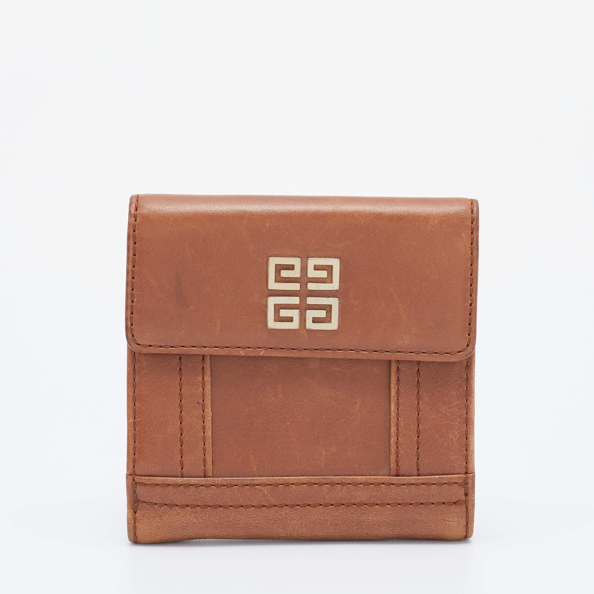 Pre Owned Givenchy Brown Leather Logo Compact Wallet