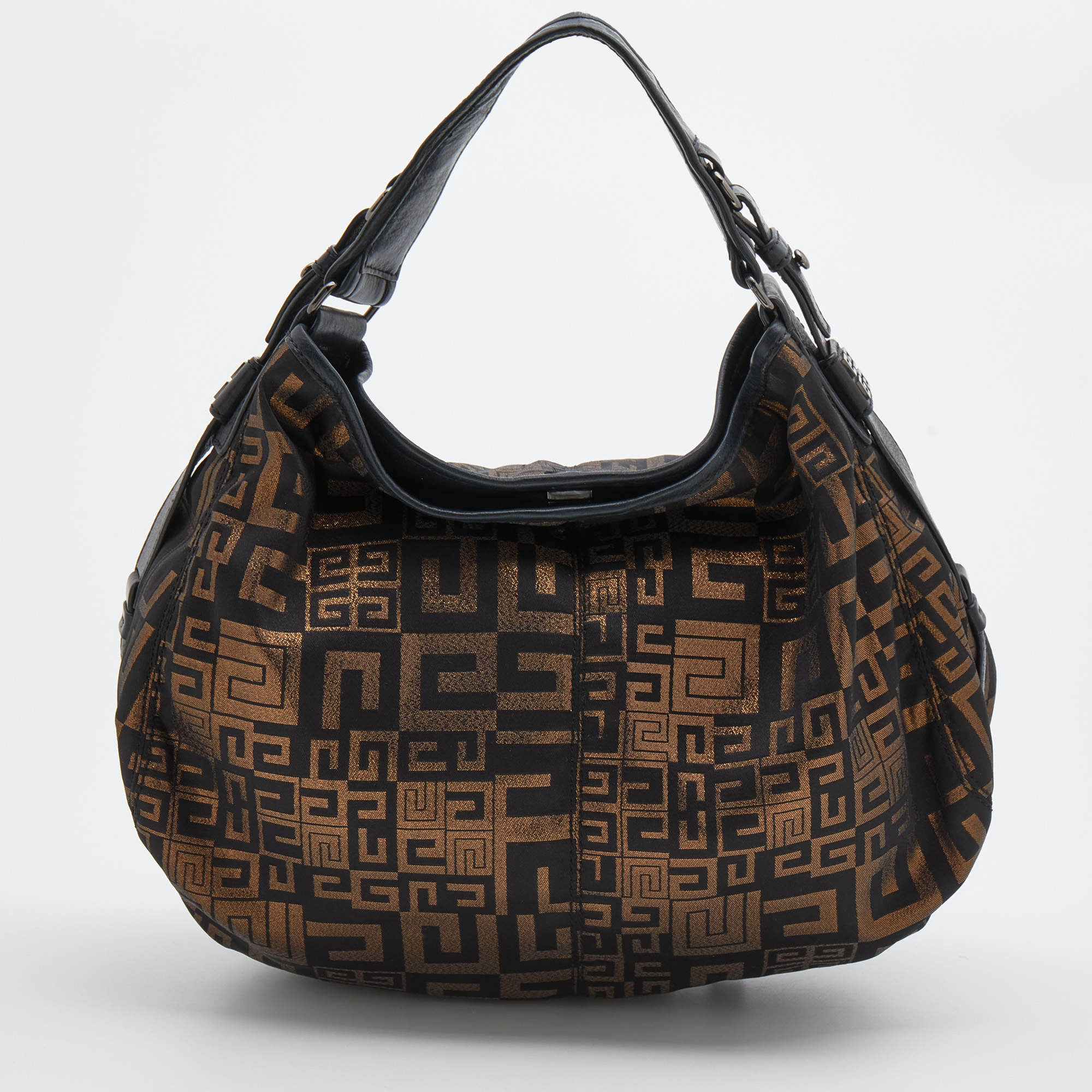 Pre Owned Givenchy Black/Gold Monogram Canvas And Leather Hobo