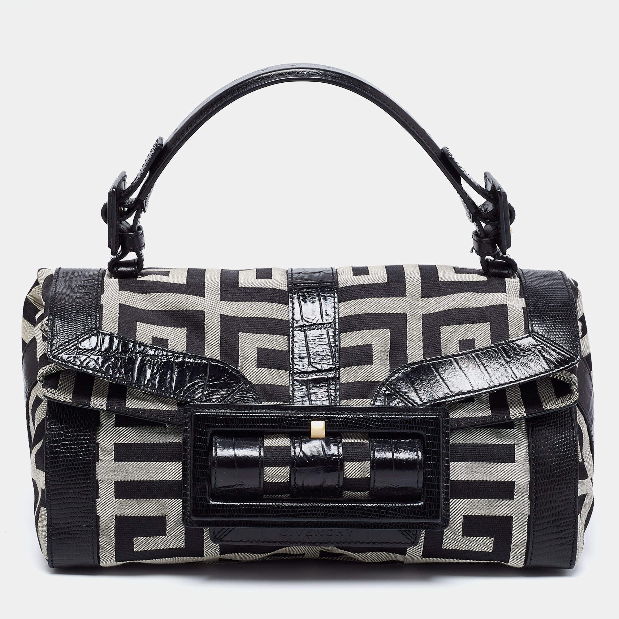 Pre Owned Givenchy Black Monogram Canvas and Embossed Leather Buckle Flap Top Handle Bag