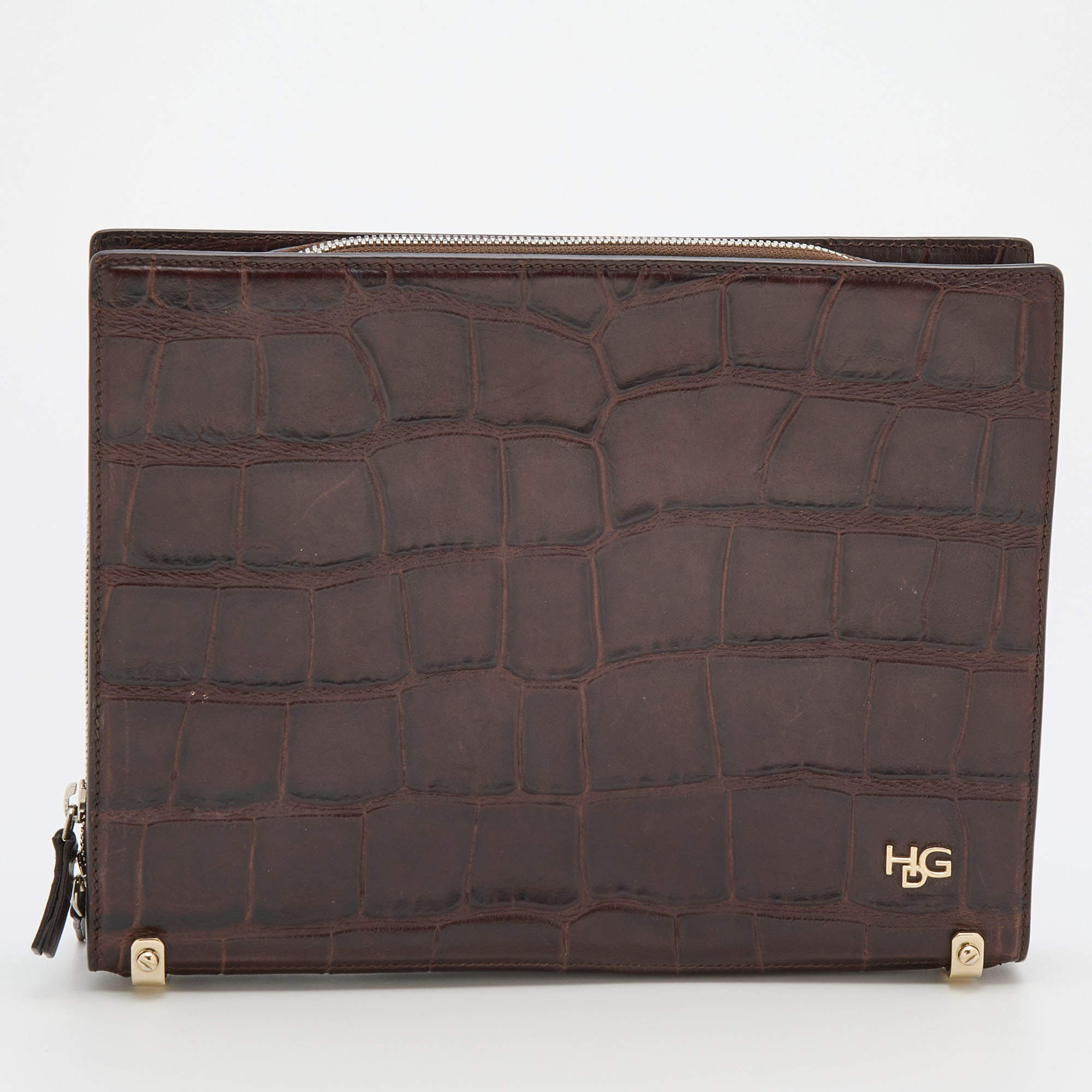 Pre Owned Givenchy Brown Crocodile Embossed Leather Book Clutch