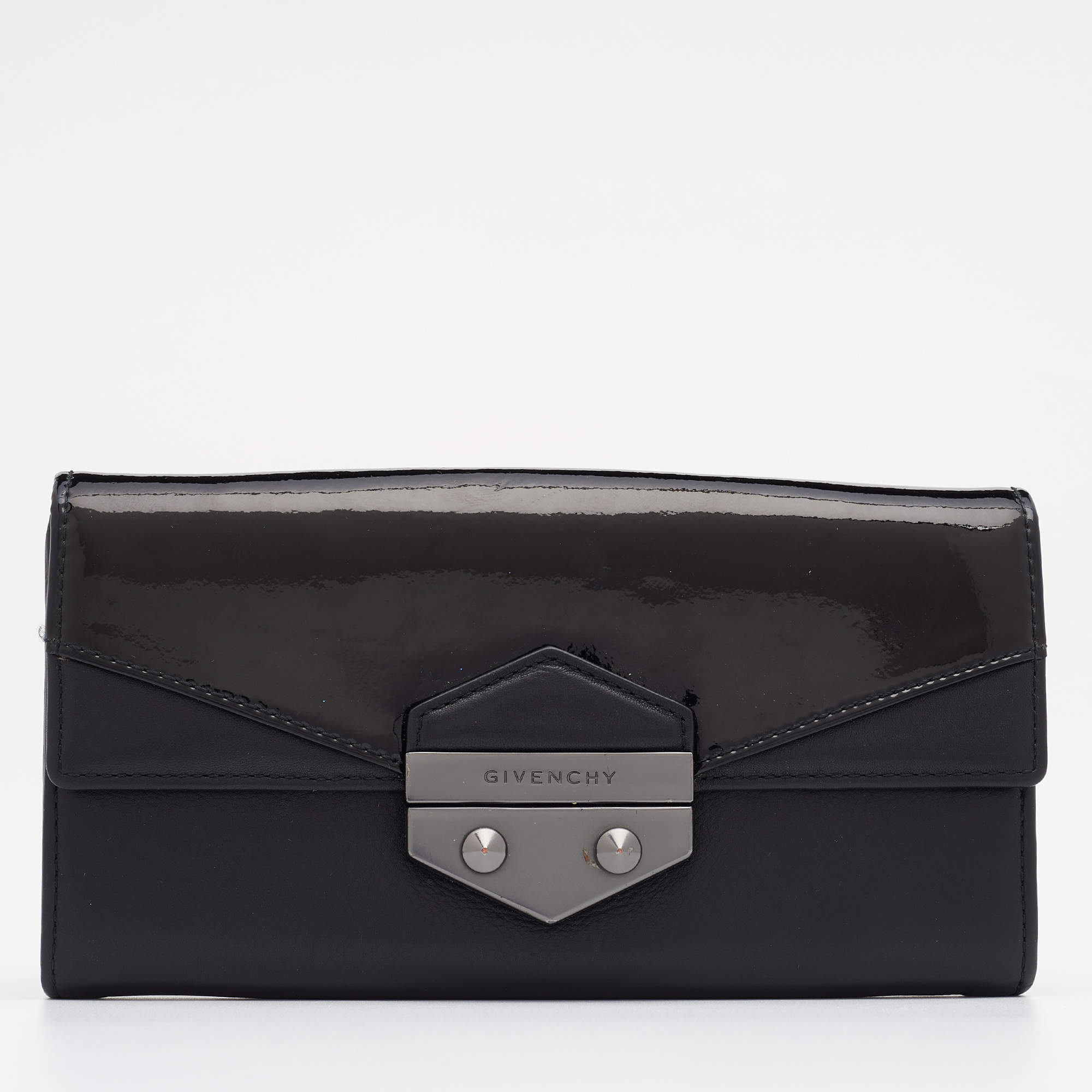 Pre Owned Givenchy Black Patent and Leather Flap Continental Wallet