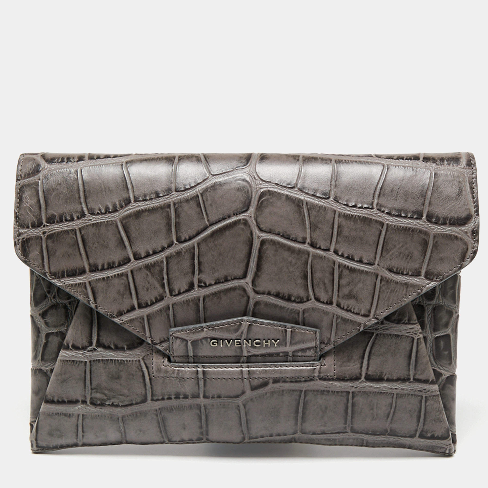 Pre Owned Givenchy Grey Croc Embossed Leather Antigona Envelope Clutch