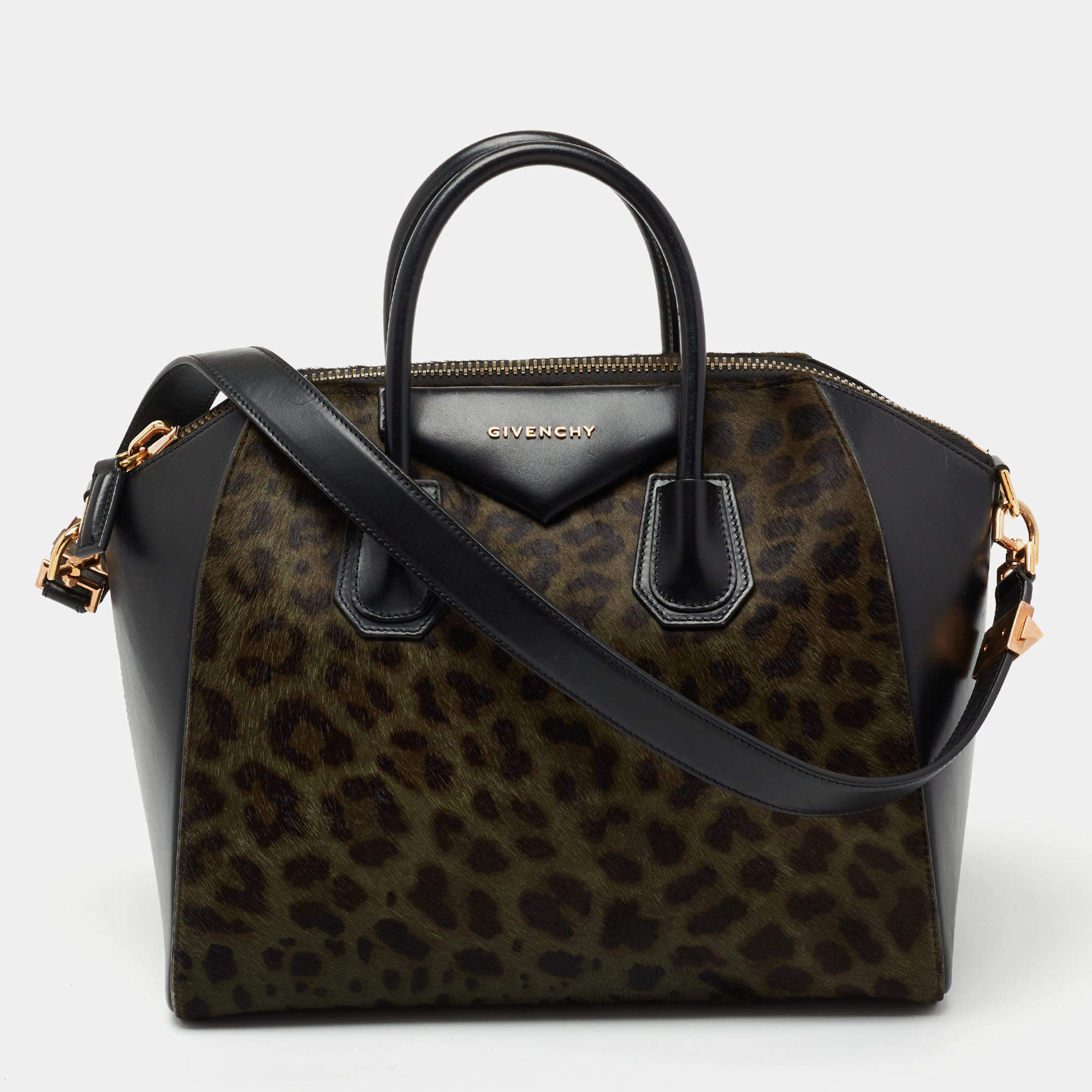 Pre Owned حقيبة ساتشل جيفنشي أنتيغونا جلد وشعر عجل طباعة فهد أسود/أخضر متوسطة