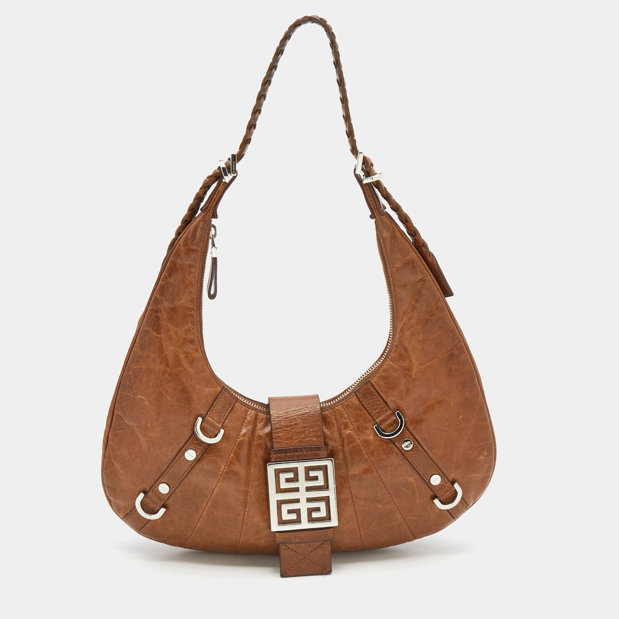 Pre Owned Givenchy Tan Leather Logo Buckle Hobo
