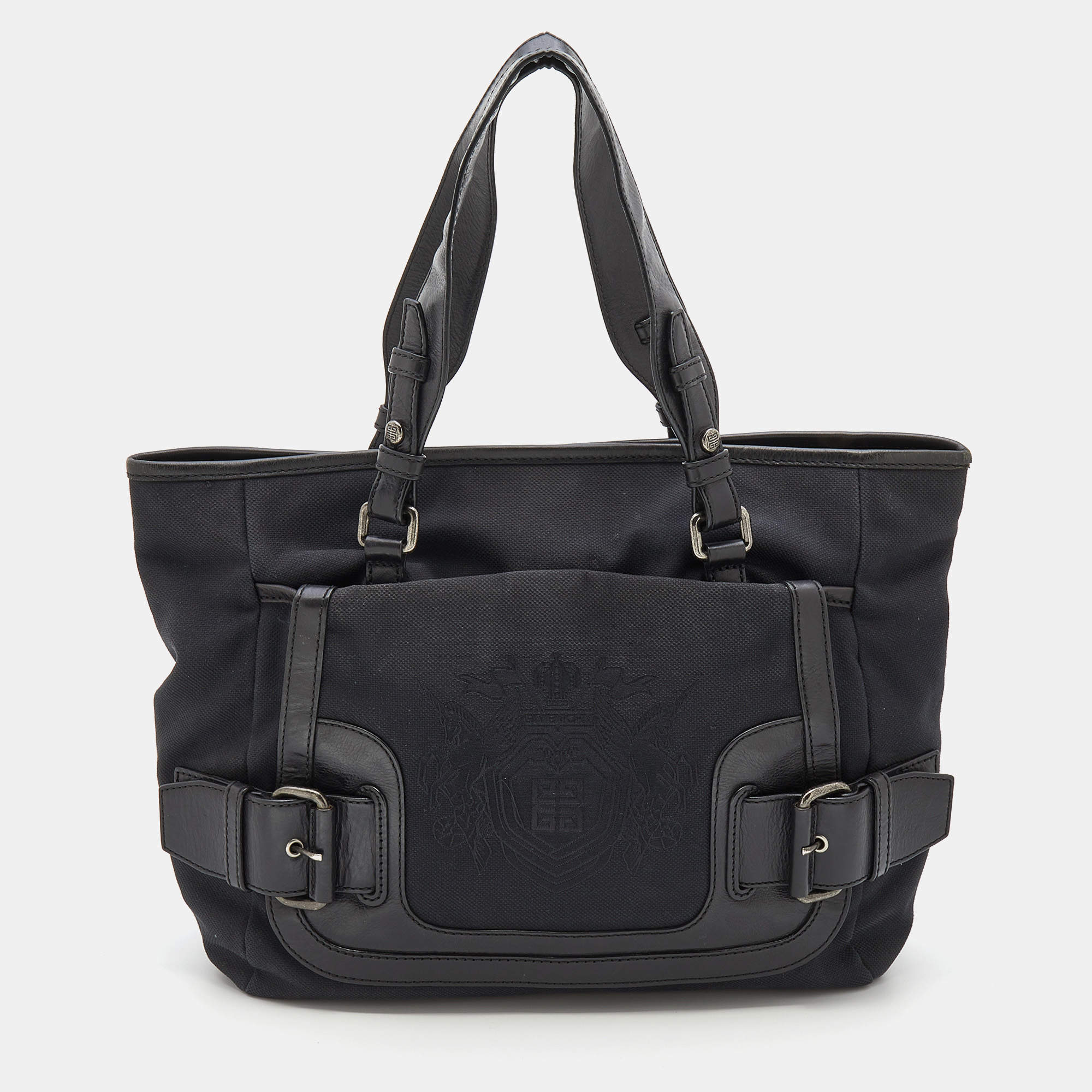 Pre Owned Givenchy Black Canvas and Leather Buckle Detail Tote