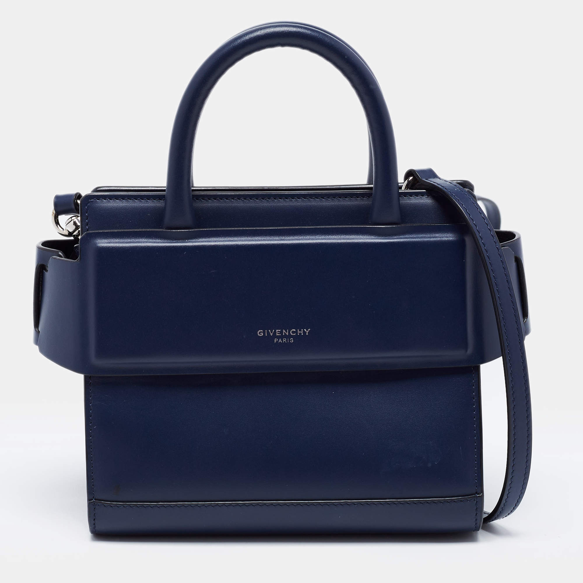 Pre Owned Givenchy Navy Blue Leather Nano Horizon Satchel