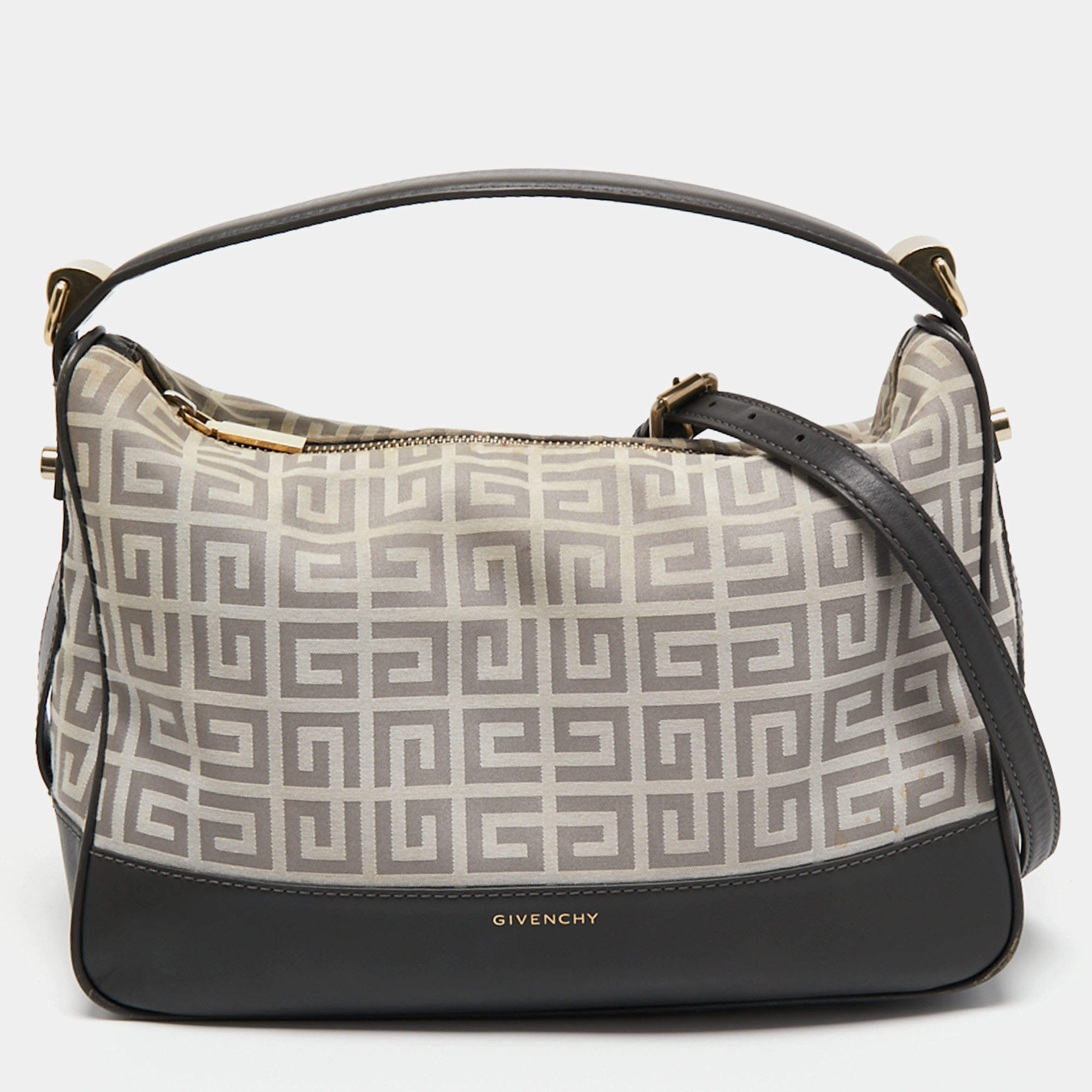 Pre Owned   Givenchy White/Grey Signature Canvas and Leather Hobo