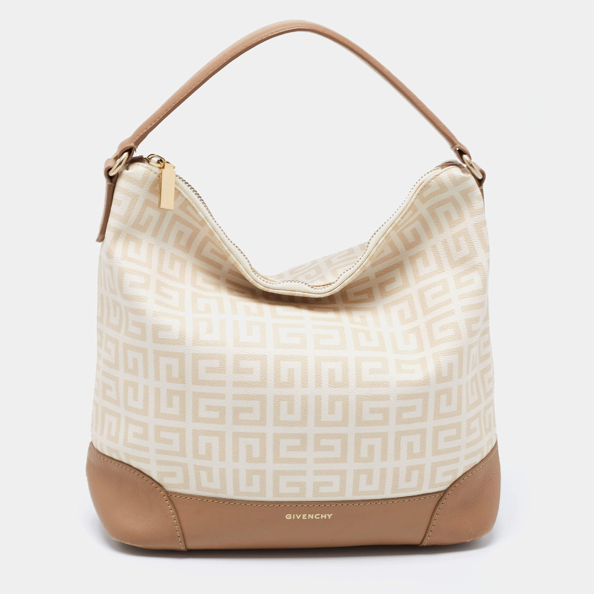Pre Owned Givenchy Beige/Brown Signature Coated Canvas And Leather Hobo