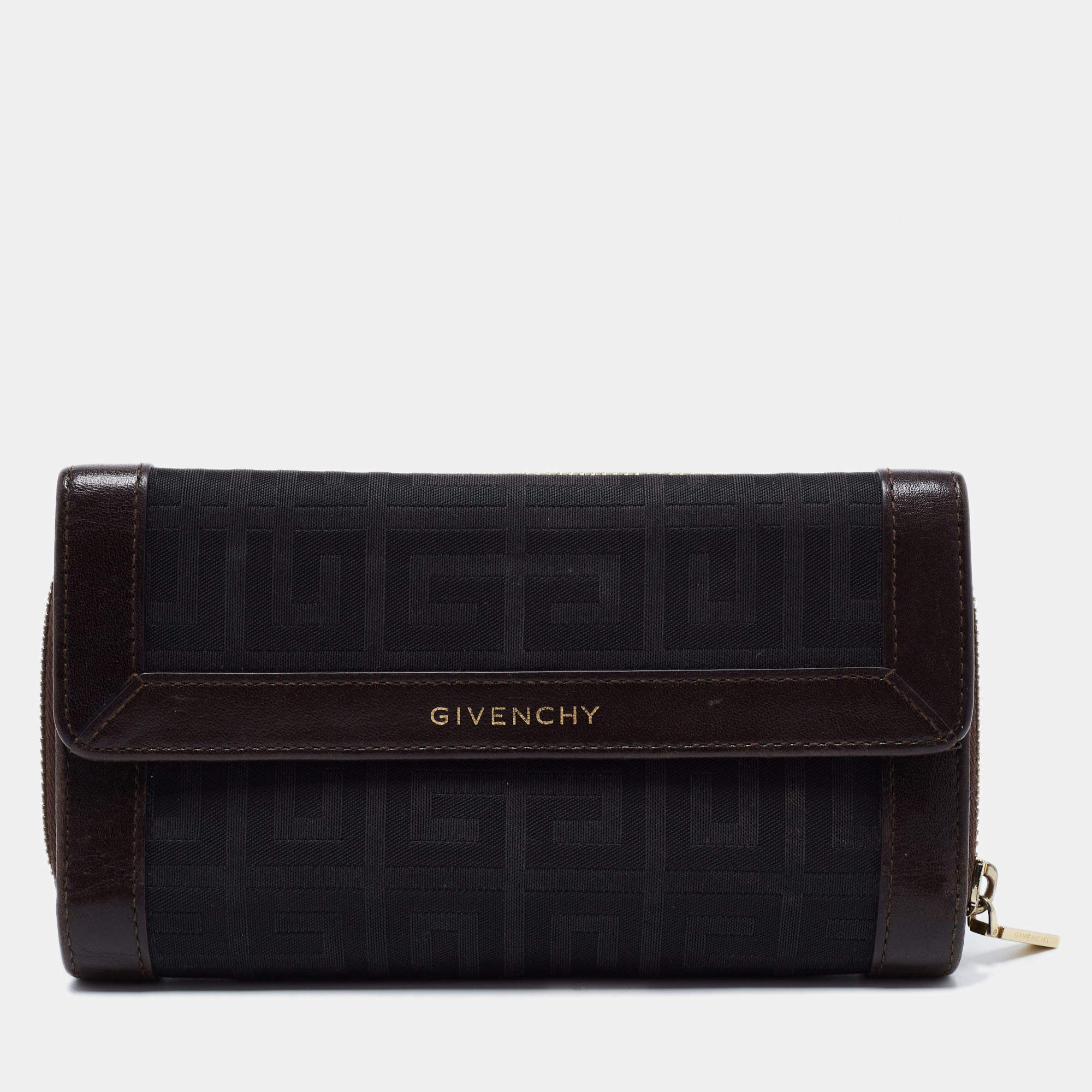 Pre Owned Givenchy Black/Brown Signature Canvas and Leather Continental Wallet