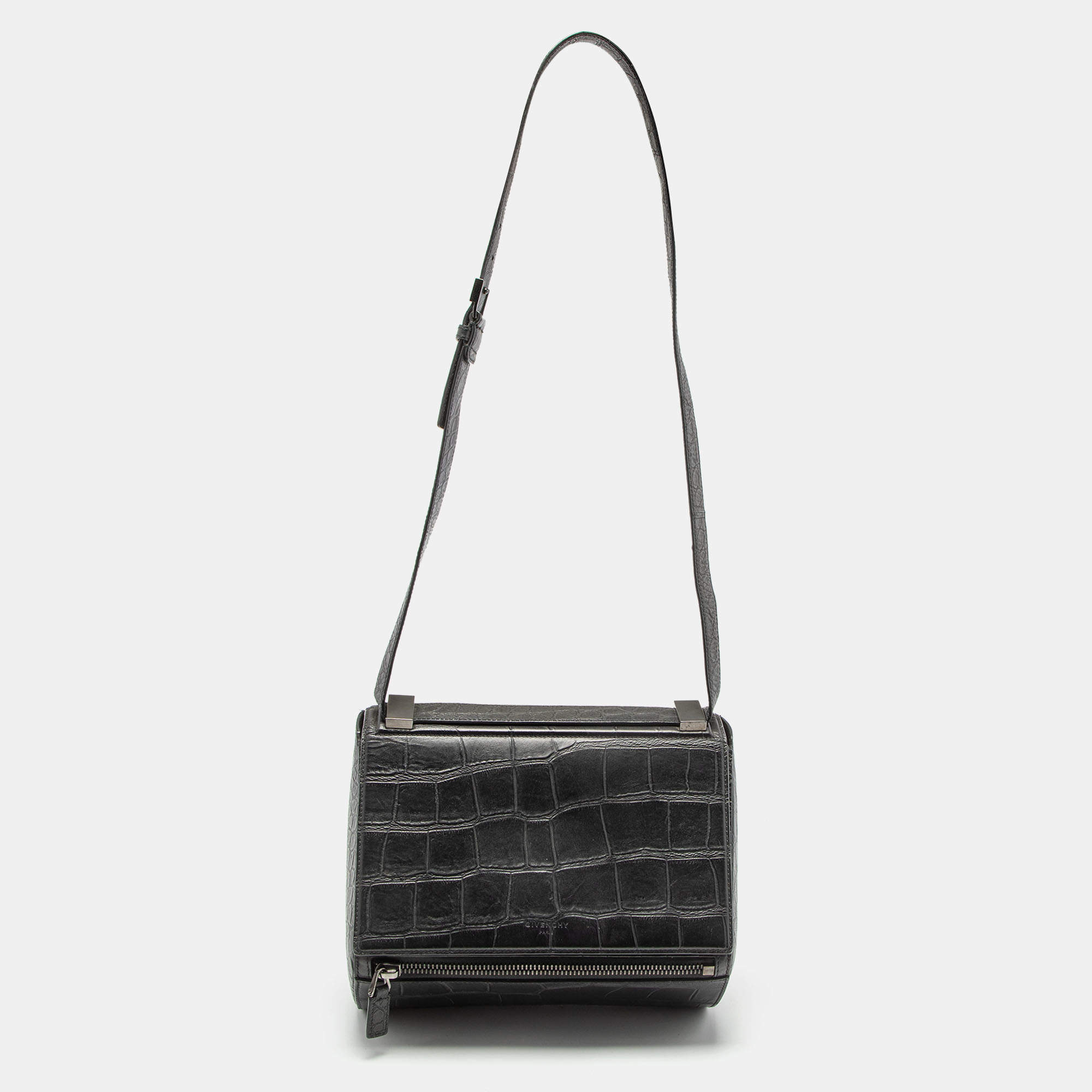 Pre Owned Givenchy Black Croc Embossed Leather Chain Detail Shoulder Bag