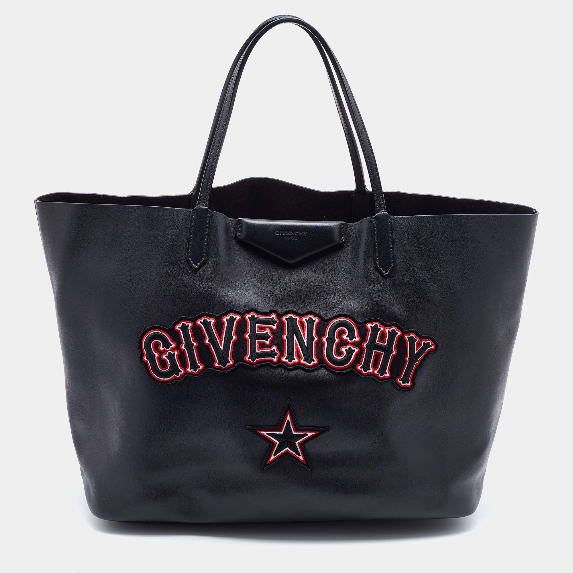 Pre Owned Givenchy Black Leather Antigona Logo Embroidered Shopper Tote