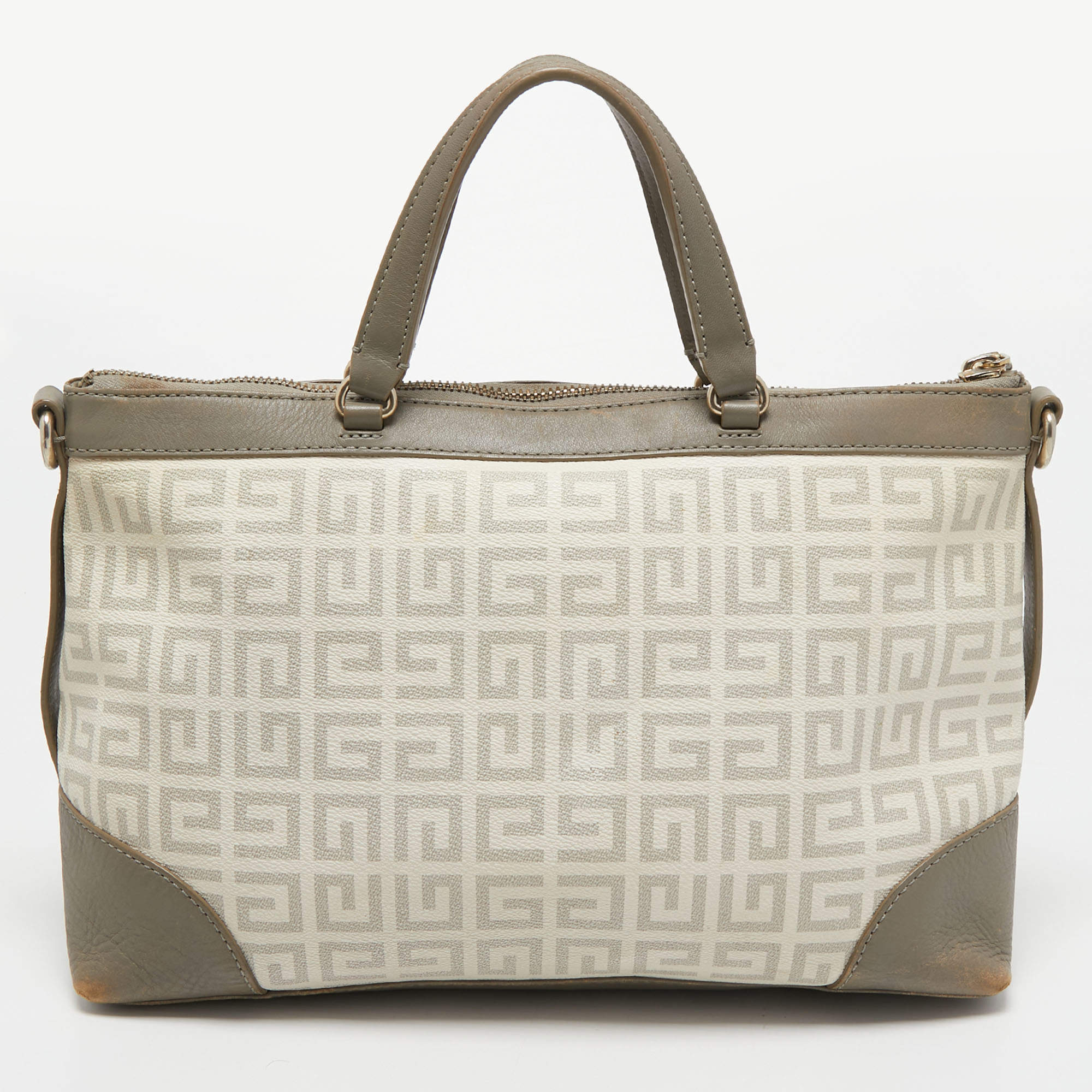 G medium leather-trimmed embossed coated-canvas tote