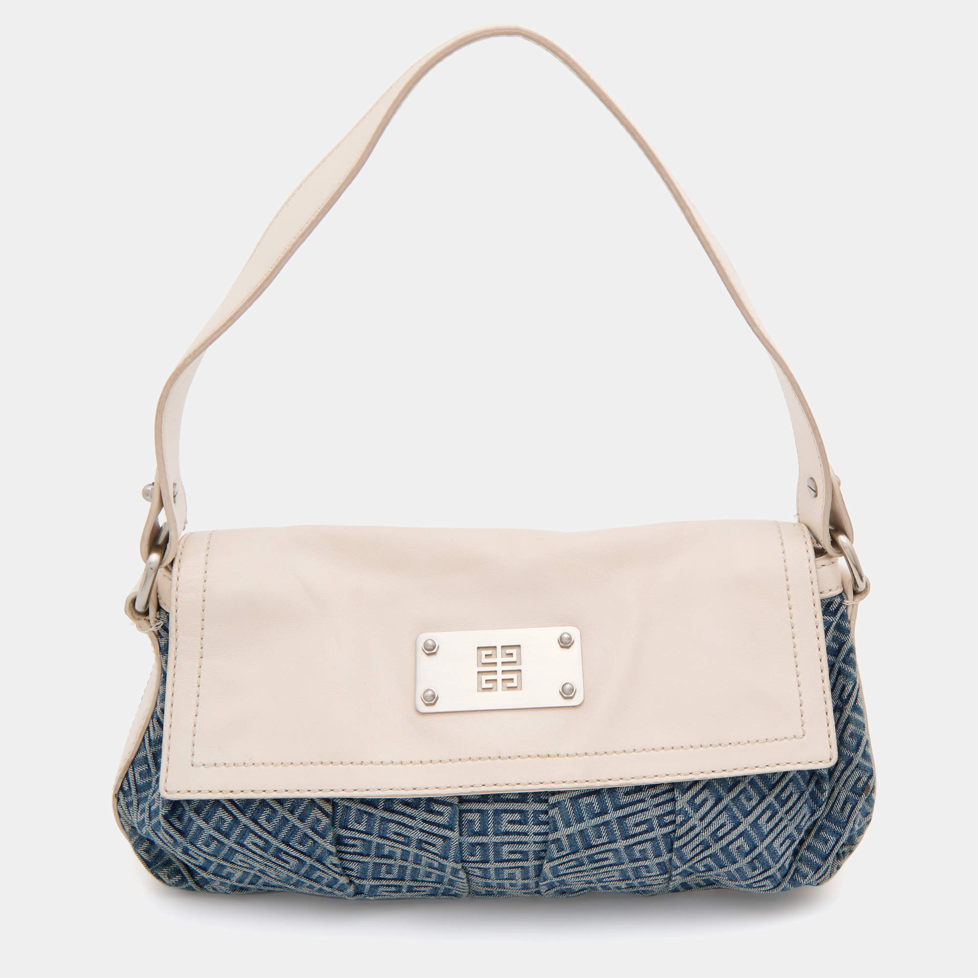 Pre Owned Givenchy White/Blue Leather and Monogram Denim Flap Baguette