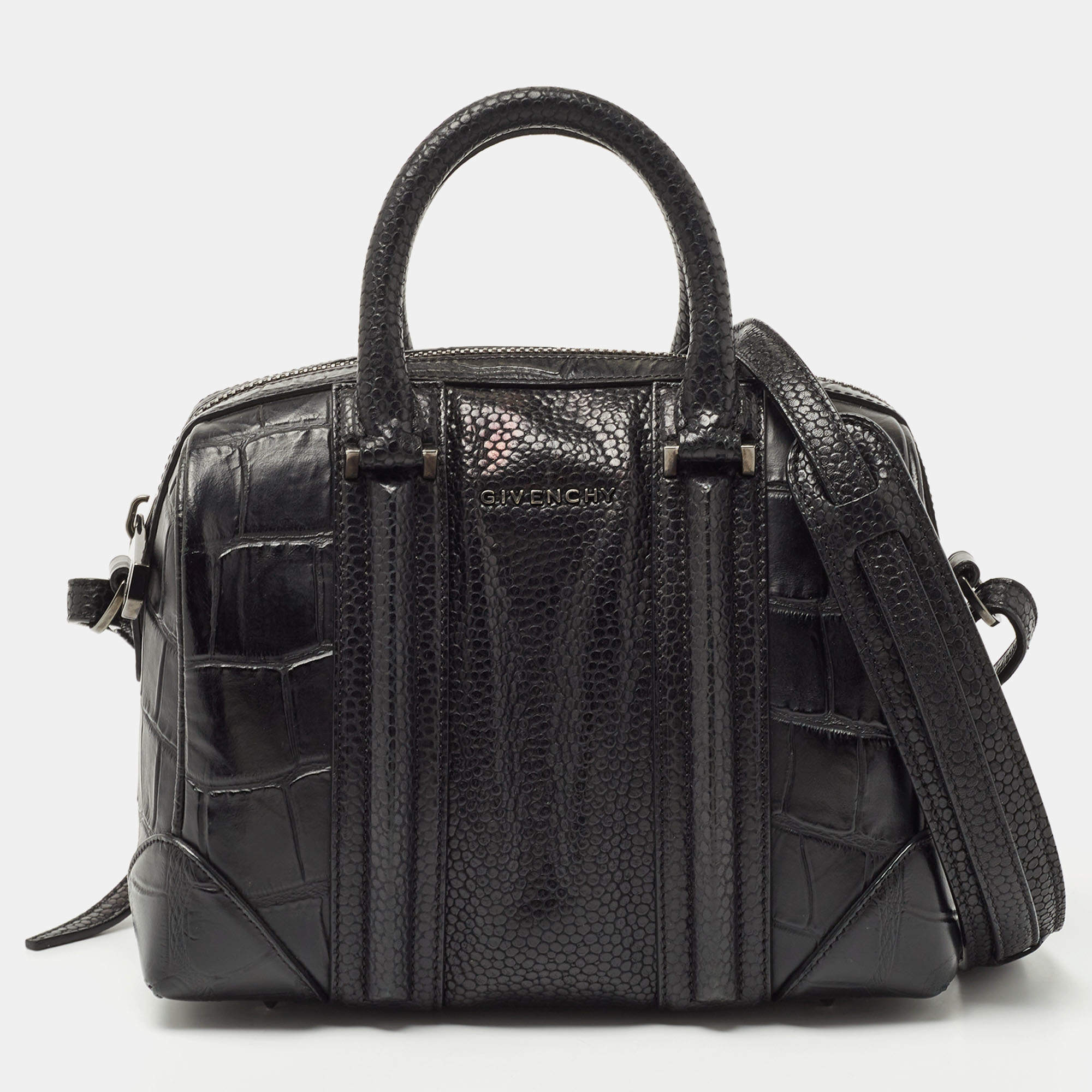 Pre Owned Givenchy Black Croc Embossed and Textured Leather Mini Lucrezia Duffel Bag
