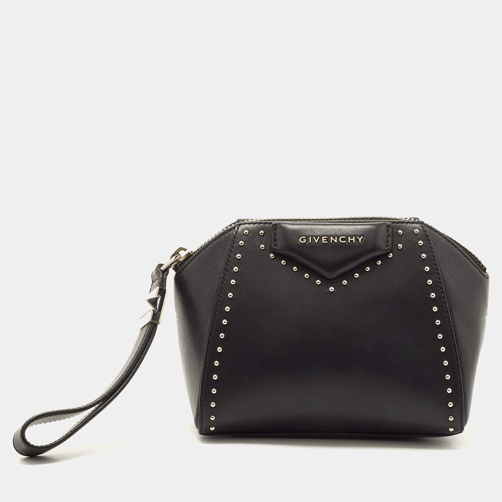 Pre Owned Givenchy Black Leather Studded Antigona Wristlet Clutch