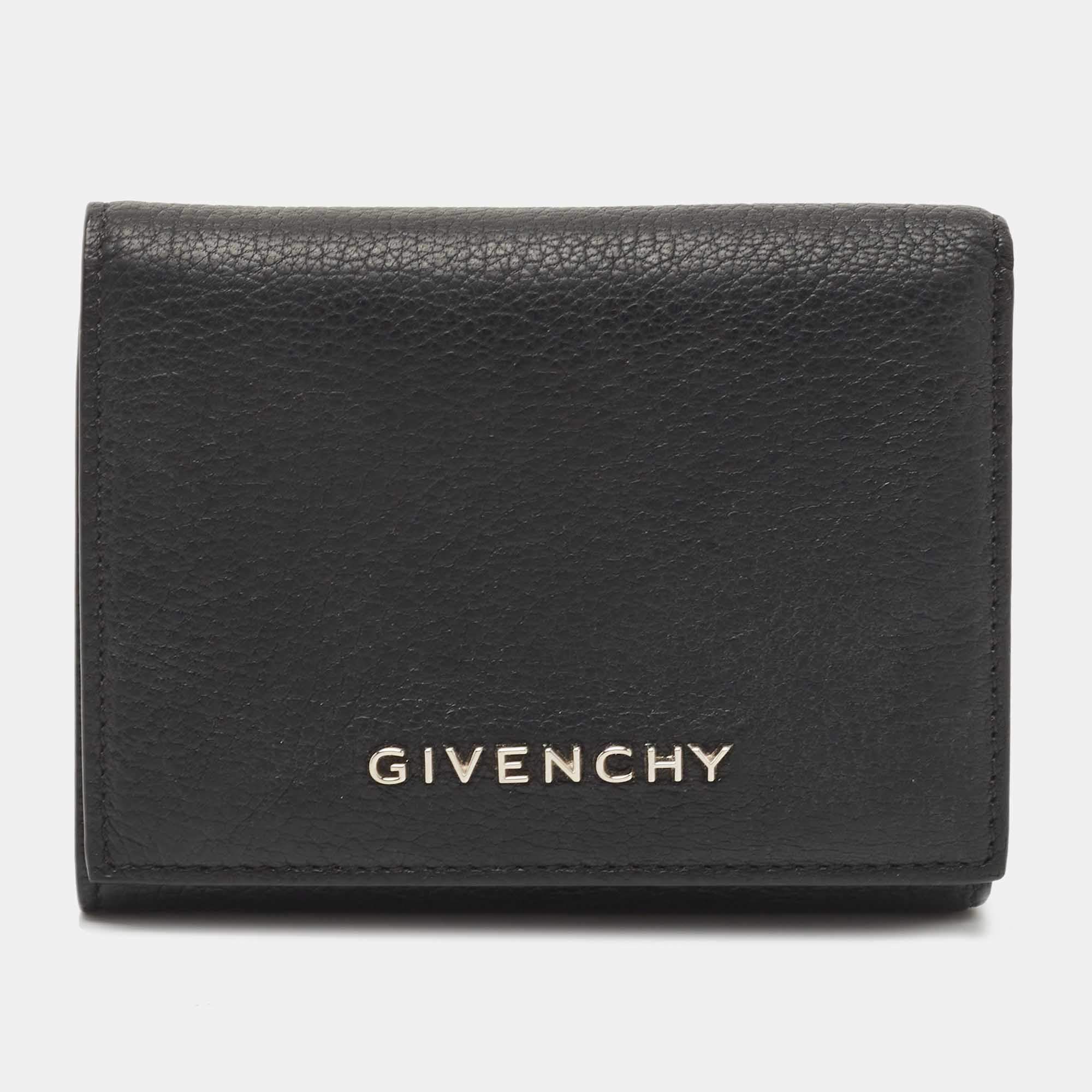 Pre Owned Givenchy Black Leather Logo Trifold Compact Wallet