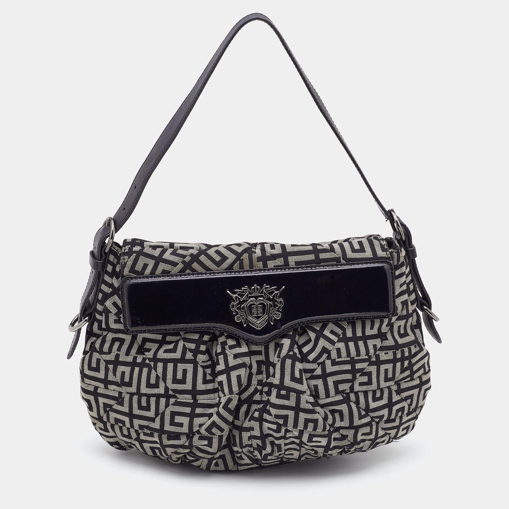 Pre Owned Givenchy Grey/Black Monogram Canvas and Patent Leather Hobo