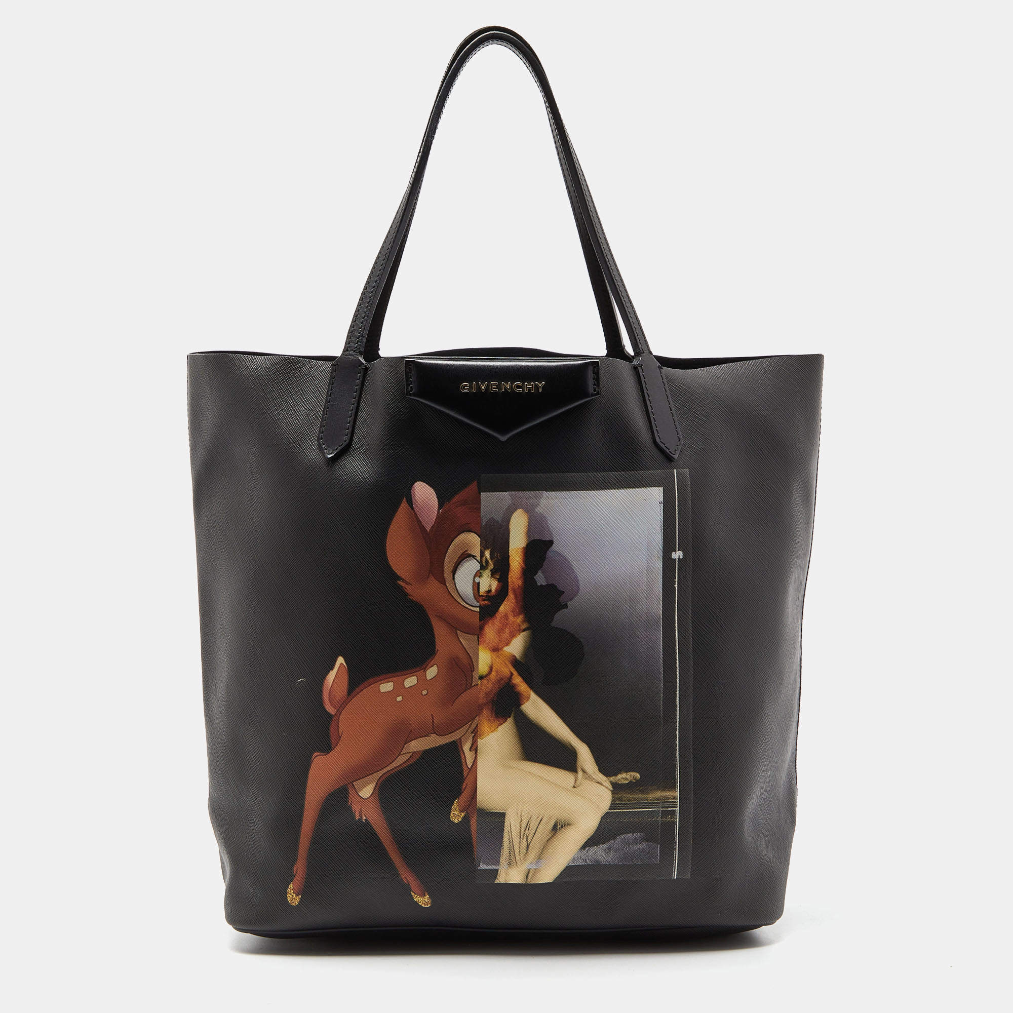 Pre Owned Givenchy Black Bambi Print Coated Canvas and Leather Antigona Shopper Tote